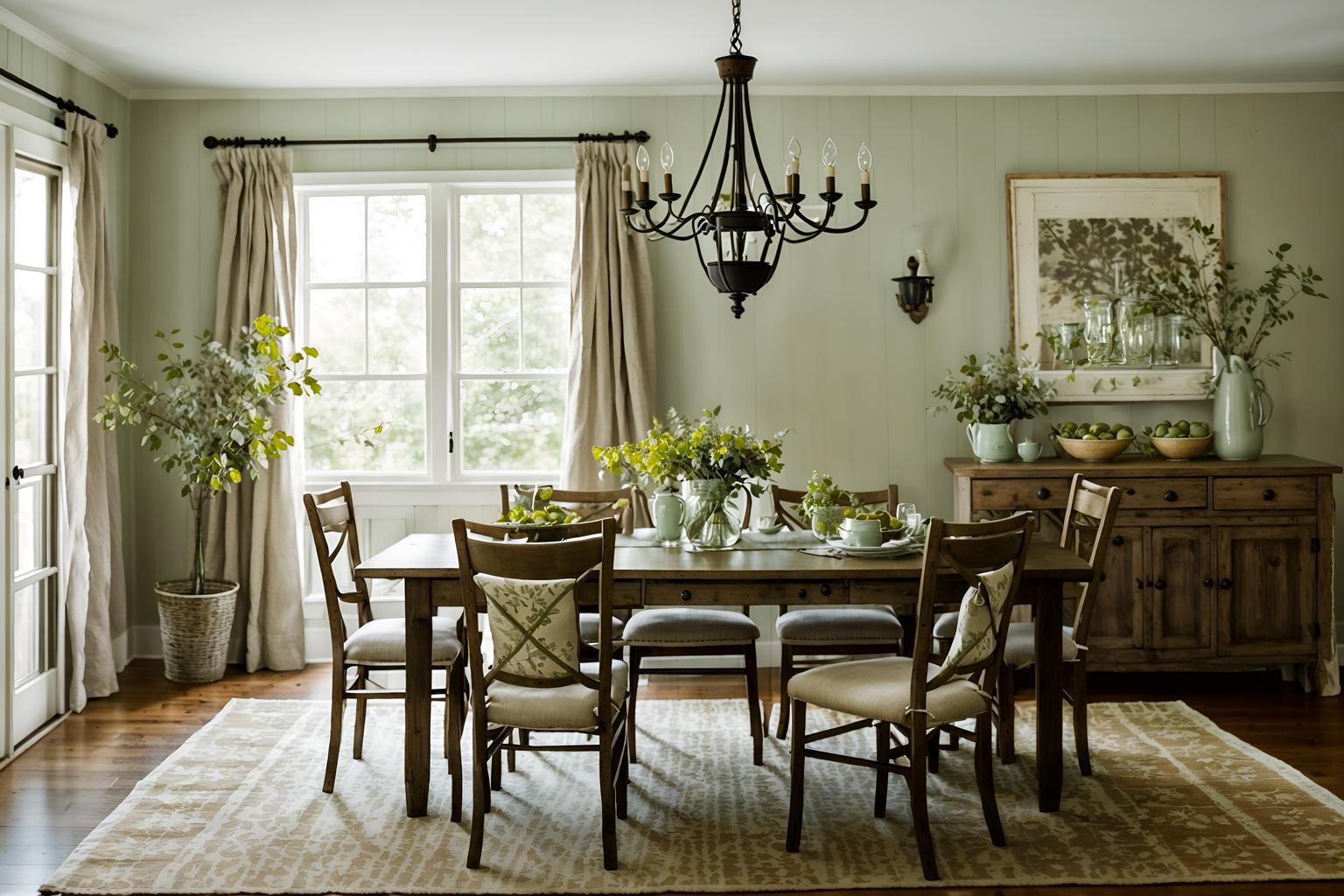 cottagecore-style (dining room interior) with dining table chairs and plant and vase and table cloth and plates, cutlery and glasses on dining table and light or chandelier and painting or photo on wall and dining table. . with natural and muted colors and floral patterns and organic and cottage style and country style and earthy and traditional. . cinematic photo, highly detailed, cinematic lighting, ultra-detailed, ultrarealistic, photorealism, 8k. cottagecore interior design style. masterpiece, cinematic light, ultrarealistic+, photorealistic+, 8k, raw photo, realistic, sharp focus on eyes, (symmetrical eyes), (intact eyes), hyperrealistic, highest quality, best quality, , highly detailed, masterpiece, best quality, extremely detailed 8k wallpaper, masterpiece, best quality, ultra-detailed, best shadow, detailed background, detailed face, detailed eyes, high contrast, best illumination, detailed face, dulux, caustic, dynamic angle, detailed glow. dramatic lighting. highly detailed, insanely detailed hair, symmetrical, intricate details, professionally retouched, 8k high definition. strong bokeh. award winning photo.
