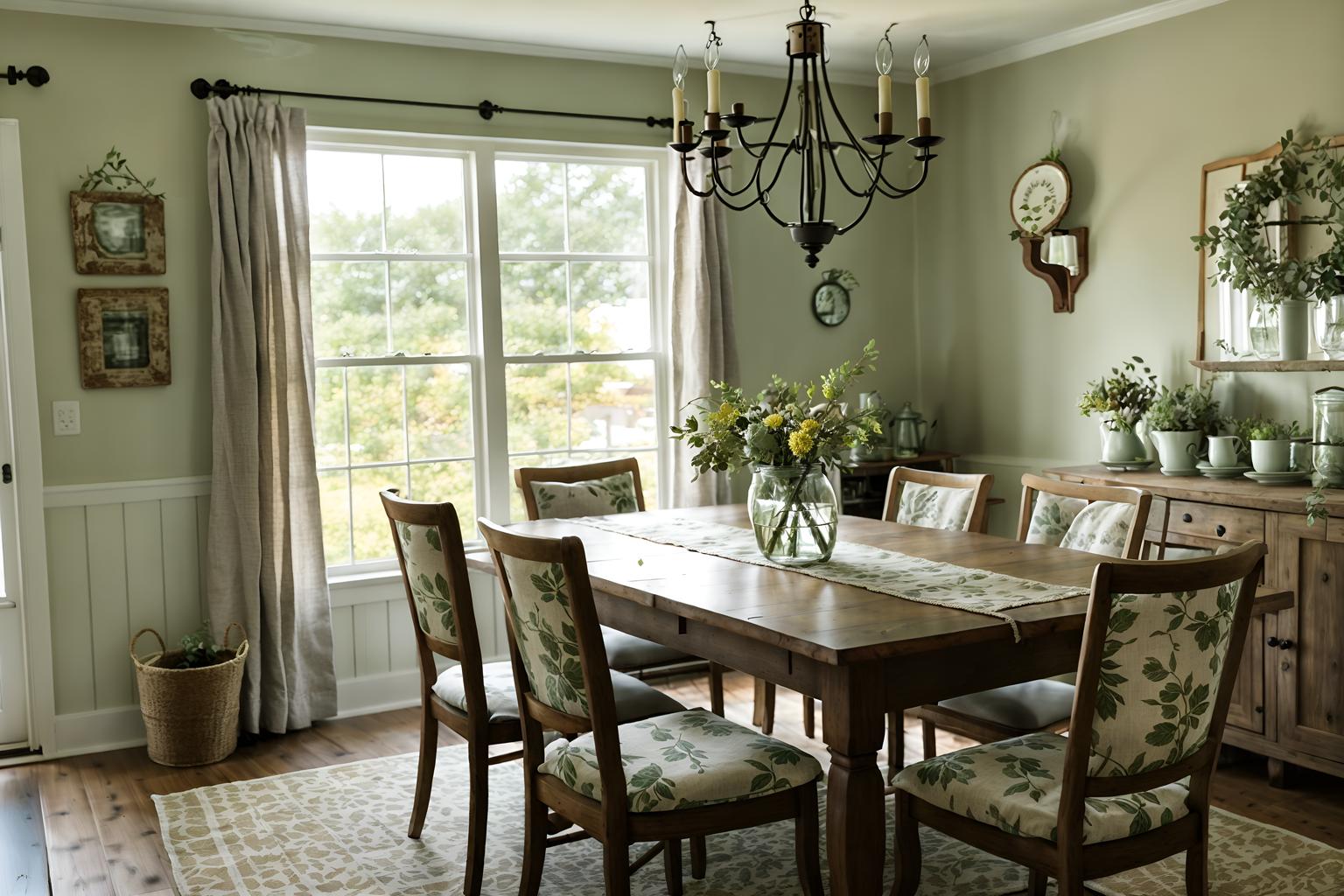 cottagecore-style (dining room interior) with dining table chairs and plant and vase and table cloth and plates, cutlery and glasses on dining table and light or chandelier and painting or photo on wall and dining table. . with natural and muted colors and floral patterns and organic and cottage style and country style and earthy and traditional. . cinematic photo, highly detailed, cinematic lighting, ultra-detailed, ultrarealistic, photorealism, 8k. cottagecore interior design style. masterpiece, cinematic light, ultrarealistic+, photorealistic+, 8k, raw photo, realistic, sharp focus on eyes, (symmetrical eyes), (intact eyes), hyperrealistic, highest quality, best quality, , highly detailed, masterpiece, best quality, extremely detailed 8k wallpaper, masterpiece, best quality, ultra-detailed, best shadow, detailed background, detailed face, detailed eyes, high contrast, best illumination, detailed face, dulux, caustic, dynamic angle, detailed glow. dramatic lighting. highly detailed, insanely detailed hair, symmetrical, intricate details, professionally retouched, 8k high definition. strong bokeh. award winning photo.