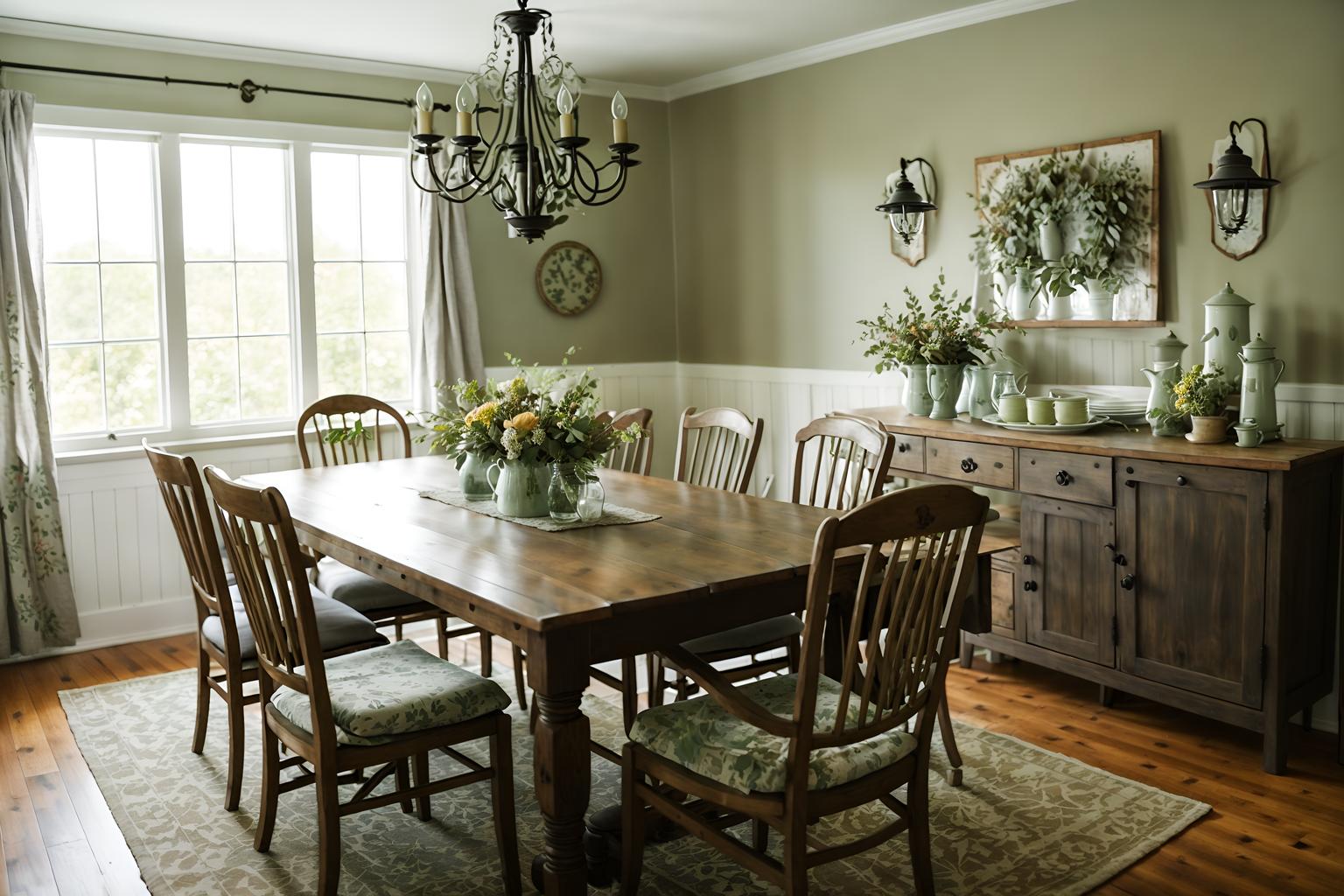 cottagecore-style (dining room interior) with dining table chairs and plant and vase and table cloth and plates, cutlery and glasses on dining table and light or chandelier and painting or photo on wall and dining table. . with natural and muted colors and floral patterns and organic and cottage style and country style and earthy and traditional. . cinematic photo, highly detailed, cinematic lighting, ultra-detailed, ultrarealistic, photorealism, 8k. cottagecore interior design style. masterpiece, cinematic light, ultrarealistic+, photorealistic+, 8k, raw photo, realistic, sharp focus on eyes, (symmetrical eyes), (intact eyes), hyperrealistic, highest quality, best quality, , highly detailed, masterpiece, best quality, extremely detailed 8k wallpaper, masterpiece, best quality, ultra-detailed, best shadow, detailed background, detailed face, detailed eyes, high contrast, best illumination, detailed face, dulux, caustic, dynamic angle, detailed glow. dramatic lighting. highly detailed, insanely detailed hair, symmetrical, intricate details, professionally retouched, 8k high definition. strong bokeh. award winning photo.