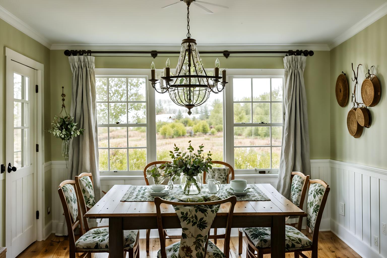 cottagecore-style (dining room interior) with dining table chairs and plant and vase and table cloth and plates, cutlery and glasses on dining table and light or chandelier and painting or photo on wall and dining table. . with natural and muted colors and floral patterns and organic and cottage style and country style and earthy and traditional. . cinematic photo, highly detailed, cinematic lighting, ultra-detailed, ultrarealistic, photorealism, 8k. cottagecore interior design style. masterpiece, cinematic light, ultrarealistic+, photorealistic+, 8k, raw photo, realistic, sharp focus on eyes, (symmetrical eyes), (intact eyes), hyperrealistic, highest quality, best quality, , highly detailed, masterpiece, best quality, extremely detailed 8k wallpaper, masterpiece, best quality, ultra-detailed, best shadow, detailed background, detailed face, detailed eyes, high contrast, best illumination, detailed face, dulux, caustic, dynamic angle, detailed glow. dramatic lighting. highly detailed, insanely detailed hair, symmetrical, intricate details, professionally retouched, 8k high definition. strong bokeh. award winning photo.