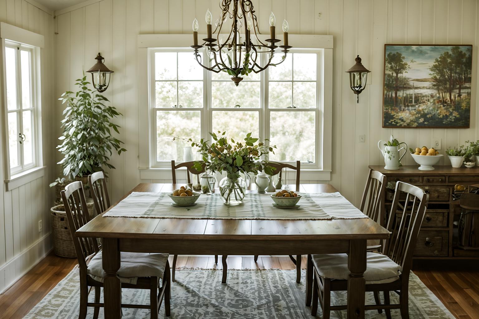 cottagecore-style (dining room interior) with dining table chairs and plant and vase and table cloth and plates, cutlery and glasses on dining table and light or chandelier and painting or photo on wall and dining table. . with natural and muted colors and floral patterns and organic and cottage style and country style and earthy and traditional. . cinematic photo, highly detailed, cinematic lighting, ultra-detailed, ultrarealistic, photorealism, 8k. cottagecore interior design style. masterpiece, cinematic light, ultrarealistic+, photorealistic+, 8k, raw photo, realistic, sharp focus on eyes, (symmetrical eyes), (intact eyes), hyperrealistic, highest quality, best quality, , highly detailed, masterpiece, best quality, extremely detailed 8k wallpaper, masterpiece, best quality, ultra-detailed, best shadow, detailed background, detailed face, detailed eyes, high contrast, best illumination, detailed face, dulux, caustic, dynamic angle, detailed glow. dramatic lighting. highly detailed, insanely detailed hair, symmetrical, intricate details, professionally retouched, 8k high definition. strong bokeh. award winning photo.