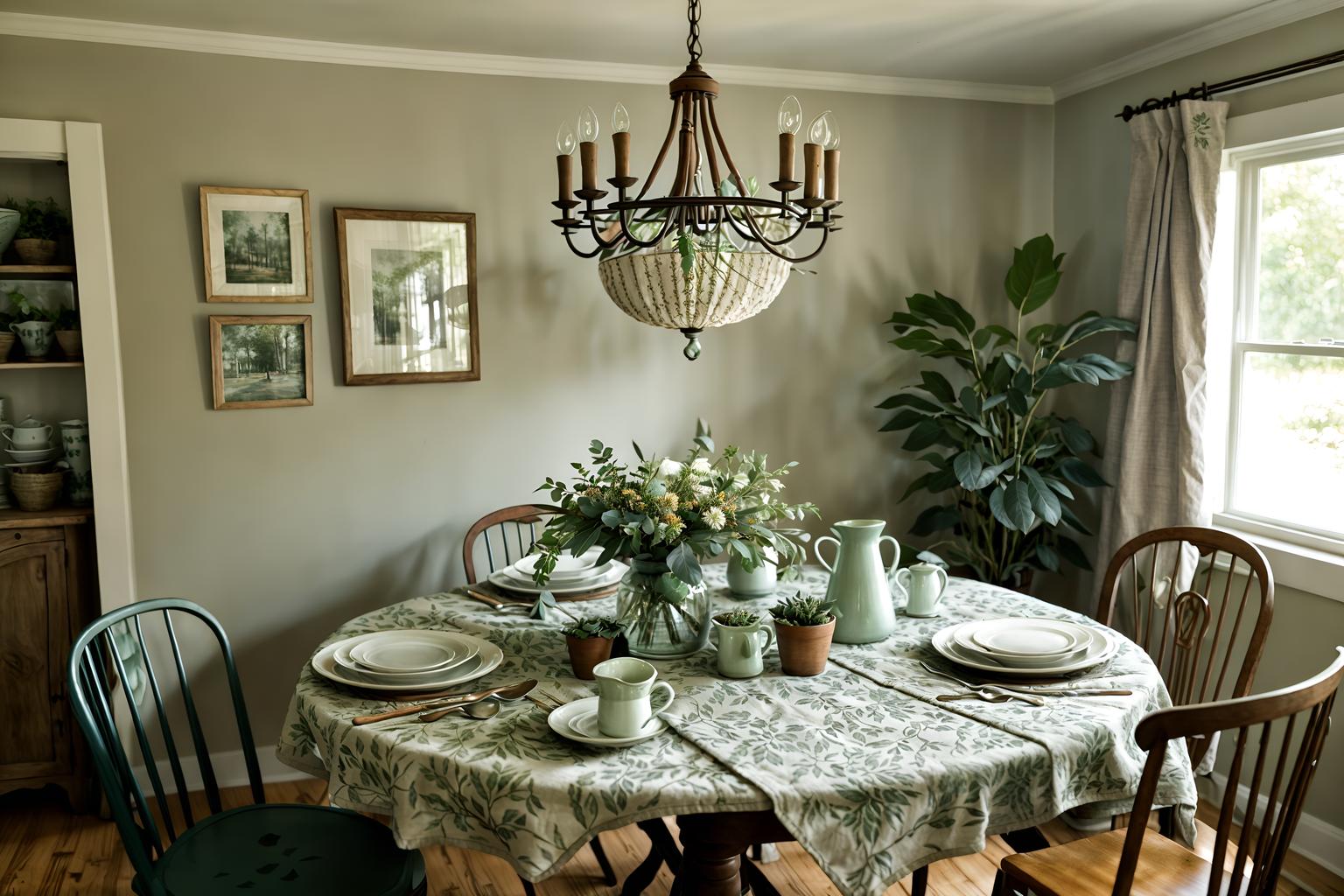 cottagecore-style (dining room interior) with dining table chairs and plant and vase and table cloth and plates, cutlery and glasses on dining table and light or chandelier and painting or photo on wall and dining table. . with natural and muted colors and floral patterns and organic and cottage style and country style and earthy and traditional. . cinematic photo, highly detailed, cinematic lighting, ultra-detailed, ultrarealistic, photorealism, 8k. cottagecore interior design style. masterpiece, cinematic light, ultrarealistic+, photorealistic+, 8k, raw photo, realistic, sharp focus on eyes, (symmetrical eyes), (intact eyes), hyperrealistic, highest quality, best quality, , highly detailed, masterpiece, best quality, extremely detailed 8k wallpaper, masterpiece, best quality, ultra-detailed, best shadow, detailed background, detailed face, detailed eyes, high contrast, best illumination, detailed face, dulux, caustic, dynamic angle, detailed glow. dramatic lighting. highly detailed, insanely detailed hair, symmetrical, intricate details, professionally retouched, 8k high definition. strong bokeh. award winning photo.