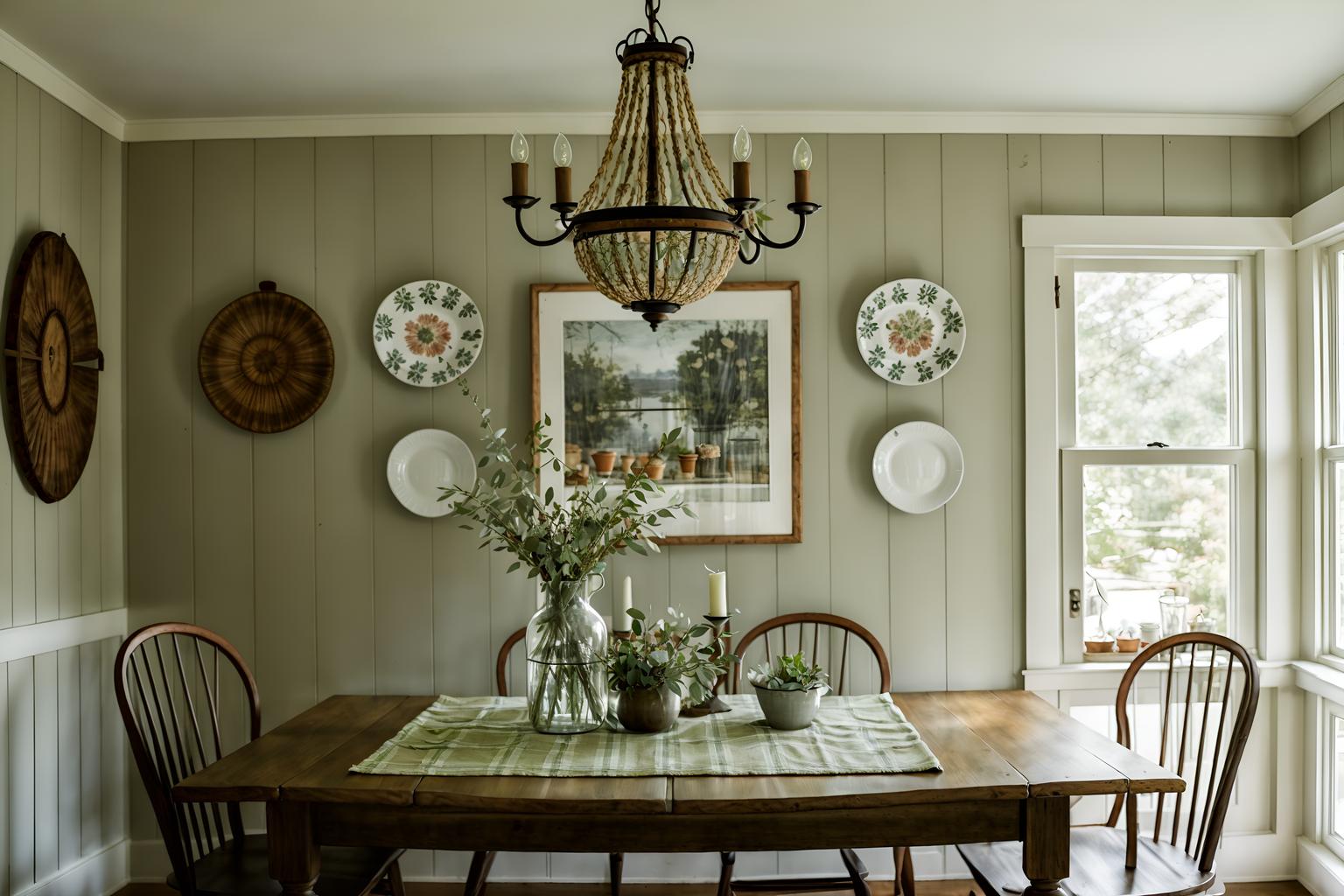 cottagecore-style (dining room interior) with dining table chairs and plant and vase and table cloth and plates, cutlery and glasses on dining table and light or chandelier and painting or photo on wall and dining table. . with natural and muted colors and floral patterns and organic and cottage style and country style and earthy and traditional. . cinematic photo, highly detailed, cinematic lighting, ultra-detailed, ultrarealistic, photorealism, 8k. cottagecore interior design style. masterpiece, cinematic light, ultrarealistic+, photorealistic+, 8k, raw photo, realistic, sharp focus on eyes, (symmetrical eyes), (intact eyes), hyperrealistic, highest quality, best quality, , highly detailed, masterpiece, best quality, extremely detailed 8k wallpaper, masterpiece, best quality, ultra-detailed, best shadow, detailed background, detailed face, detailed eyes, high contrast, best illumination, detailed face, dulux, caustic, dynamic angle, detailed glow. dramatic lighting. highly detailed, insanely detailed hair, symmetrical, intricate details, professionally retouched, 8k high definition. strong bokeh. award winning photo.
