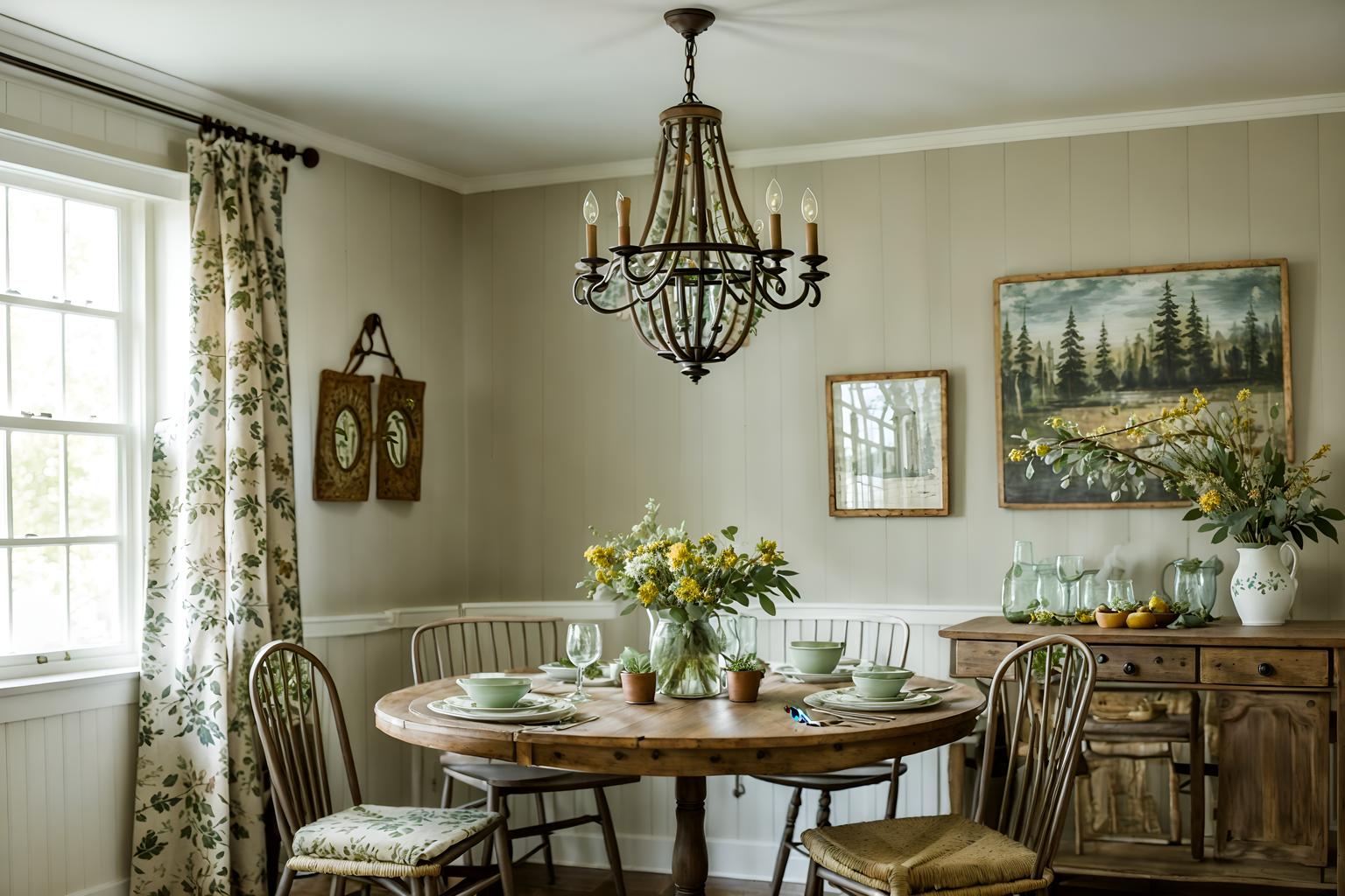 cottagecore-style (dining room interior) with dining table chairs and plant and vase and table cloth and plates, cutlery and glasses on dining table and light or chandelier and painting or photo on wall and dining table. . with natural and muted colors and floral patterns and organic and cottage style and country style and earthy and traditional. . cinematic photo, highly detailed, cinematic lighting, ultra-detailed, ultrarealistic, photorealism, 8k. cottagecore interior design style. masterpiece, cinematic light, ultrarealistic+, photorealistic+, 8k, raw photo, realistic, sharp focus on eyes, (symmetrical eyes), (intact eyes), hyperrealistic, highest quality, best quality, , highly detailed, masterpiece, best quality, extremely detailed 8k wallpaper, masterpiece, best quality, ultra-detailed, best shadow, detailed background, detailed face, detailed eyes, high contrast, best illumination, detailed face, dulux, caustic, dynamic angle, detailed glow. dramatic lighting. highly detailed, insanely detailed hair, symmetrical, intricate details, professionally retouched, 8k high definition. strong bokeh. award winning photo.