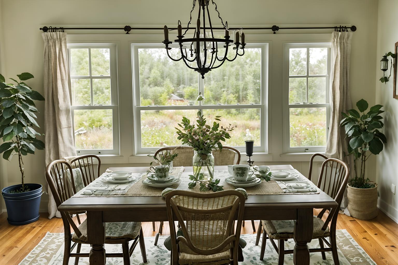 cottagecore-style (dining room interior) with dining table chairs and plant and vase and table cloth and plates, cutlery and glasses on dining table and light or chandelier and painting or photo on wall and dining table. . with natural and muted colors and floral patterns and organic and cottage style and country style and earthy and traditional. . cinematic photo, highly detailed, cinematic lighting, ultra-detailed, ultrarealistic, photorealism, 8k. cottagecore interior design style. masterpiece, cinematic light, ultrarealistic+, photorealistic+, 8k, raw photo, realistic, sharp focus on eyes, (symmetrical eyes), (intact eyes), hyperrealistic, highest quality, best quality, , highly detailed, masterpiece, best quality, extremely detailed 8k wallpaper, masterpiece, best quality, ultra-detailed, best shadow, detailed background, detailed face, detailed eyes, high contrast, best illumination, detailed face, dulux, caustic, dynamic angle, detailed glow. dramatic lighting. highly detailed, insanely detailed hair, symmetrical, intricate details, professionally retouched, 8k high definition. strong bokeh. award winning photo.