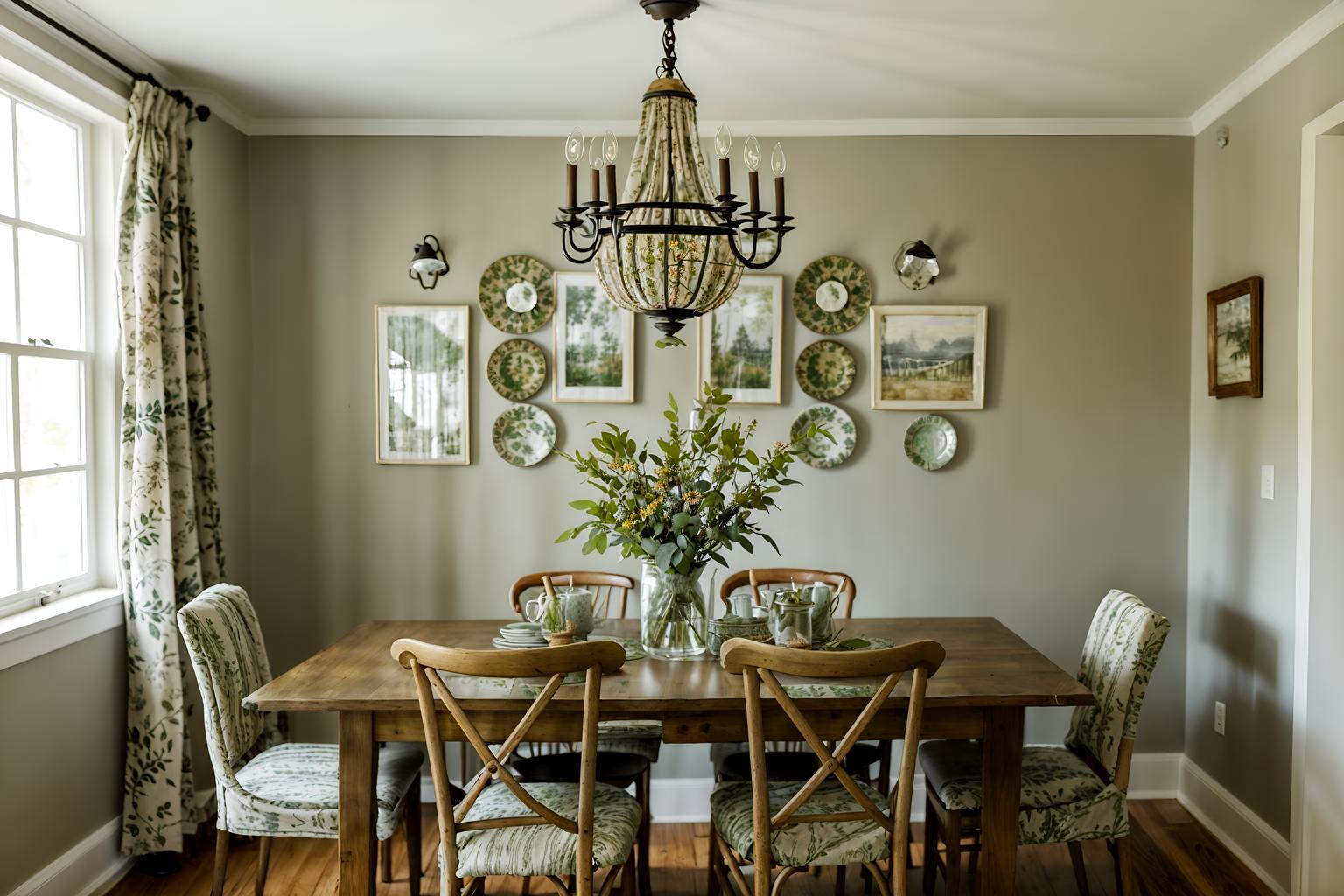 cottagecore-style (dining room interior) with dining table chairs and plant and vase and table cloth and plates, cutlery and glasses on dining table and light or chandelier and painting or photo on wall and dining table. . with natural and muted colors and floral patterns and organic and cottage style and country style and earthy and traditional. . cinematic photo, highly detailed, cinematic lighting, ultra-detailed, ultrarealistic, photorealism, 8k. cottagecore interior design style. masterpiece, cinematic light, ultrarealistic+, photorealistic+, 8k, raw photo, realistic, sharp focus on eyes, (symmetrical eyes), (intact eyes), hyperrealistic, highest quality, best quality, , highly detailed, masterpiece, best quality, extremely detailed 8k wallpaper, masterpiece, best quality, ultra-detailed, best shadow, detailed background, detailed face, detailed eyes, high contrast, best illumination, detailed face, dulux, caustic, dynamic angle, detailed glow. dramatic lighting. highly detailed, insanely detailed hair, symmetrical, intricate details, professionally retouched, 8k high definition. strong bokeh. award winning photo.