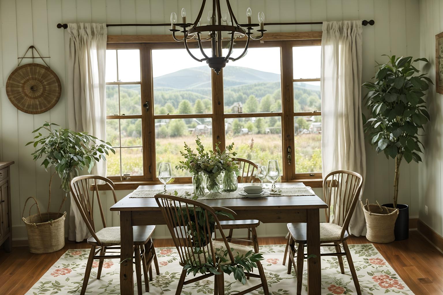 cottagecore-style (dining room interior) with dining table chairs and plant and vase and table cloth and plates, cutlery and glasses on dining table and light or chandelier and painting or photo on wall and dining table. . with natural and muted colors and floral patterns and organic and cottage style and country style and earthy and traditional. . cinematic photo, highly detailed, cinematic lighting, ultra-detailed, ultrarealistic, photorealism, 8k. cottagecore interior design style. masterpiece, cinematic light, ultrarealistic+, photorealistic+, 8k, raw photo, realistic, sharp focus on eyes, (symmetrical eyes), (intact eyes), hyperrealistic, highest quality, best quality, , highly detailed, masterpiece, best quality, extremely detailed 8k wallpaper, masterpiece, best quality, ultra-detailed, best shadow, detailed background, detailed face, detailed eyes, high contrast, best illumination, detailed face, dulux, caustic, dynamic angle, detailed glow. dramatic lighting. highly detailed, insanely detailed hair, symmetrical, intricate details, professionally retouched, 8k high definition. strong bokeh. award winning photo.