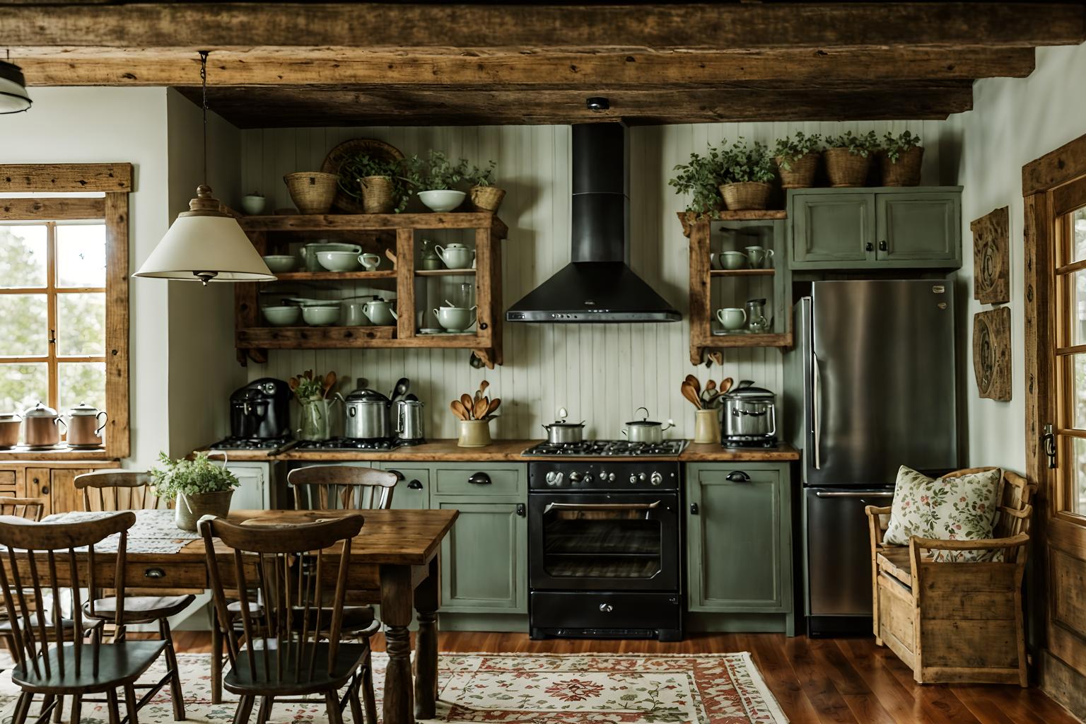 cottagecore-style (kitchen living combo interior) with chairs and furniture and occasional tables and kitchen cabinets and stove and bookshelves and rug and plant. . with rustic and organic and cottage style and natural and country style and floral patterns and earthy and traditional. . cinematic photo, highly detailed, cinematic lighting, ultra-detailed, ultrarealistic, photorealism, 8k. cottagecore interior design style. masterpiece, cinematic light, ultrarealistic+, photorealistic+, 8k, raw photo, realistic, sharp focus on eyes, (symmetrical eyes), (intact eyes), hyperrealistic, highest quality, best quality, , highly detailed, masterpiece, best quality, extremely detailed 8k wallpaper, masterpiece, best quality, ultra-detailed, best shadow, detailed background, detailed face, detailed eyes, high contrast, best illumination, detailed face, dulux, caustic, dynamic angle, detailed glow. dramatic lighting. highly detailed, insanely detailed hair, symmetrical, intricate details, professionally retouched, 8k high definition. strong bokeh. award winning photo.