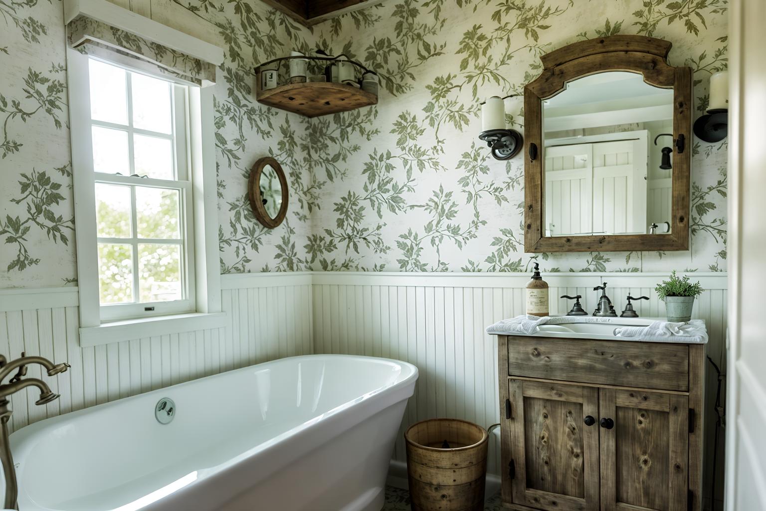 cottagecore-style (hotel bathroom interior) with bath towel and plant and toilet seat and shower and bathroom cabinet and bathtub and bath rail and mirror. . with traditional and cottage style and rustic and country style and floral patterns and organic and earthy and muted colors. . cinematic photo, highly detailed, cinematic lighting, ultra-detailed, ultrarealistic, photorealism, 8k. cottagecore interior design style. masterpiece, cinematic light, ultrarealistic+, photorealistic+, 8k, raw photo, realistic, sharp focus on eyes, (symmetrical eyes), (intact eyes), hyperrealistic, highest quality, best quality, , highly detailed, masterpiece, best quality, extremely detailed 8k wallpaper, masterpiece, best quality, ultra-detailed, best shadow, detailed background, detailed face, detailed eyes, high contrast, best illumination, detailed face, dulux, caustic, dynamic angle, detailed glow. dramatic lighting. highly detailed, insanely detailed hair, symmetrical, intricate details, professionally retouched, 8k high definition. strong bokeh. award winning photo.