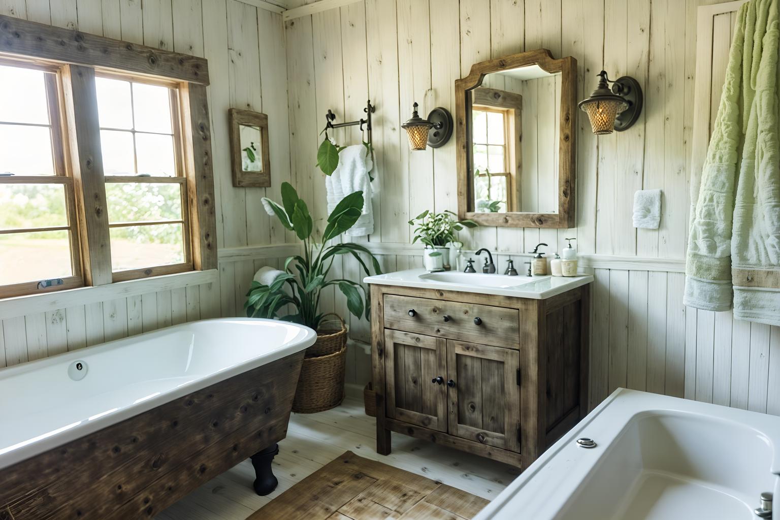 cottagecore-style (hotel bathroom interior) with bath towel and plant and toilet seat and shower and bathroom cabinet and bathtub and bath rail and mirror. . with traditional and cottage style and rustic and country style and floral patterns and organic and earthy and muted colors. . cinematic photo, highly detailed, cinematic lighting, ultra-detailed, ultrarealistic, photorealism, 8k. cottagecore interior design style. masterpiece, cinematic light, ultrarealistic+, photorealistic+, 8k, raw photo, realistic, sharp focus on eyes, (symmetrical eyes), (intact eyes), hyperrealistic, highest quality, best quality, , highly detailed, masterpiece, best quality, extremely detailed 8k wallpaper, masterpiece, best quality, ultra-detailed, best shadow, detailed background, detailed face, detailed eyes, high contrast, best illumination, detailed face, dulux, caustic, dynamic angle, detailed glow. dramatic lighting. highly detailed, insanely detailed hair, symmetrical, intricate details, professionally retouched, 8k high definition. strong bokeh. award winning photo.