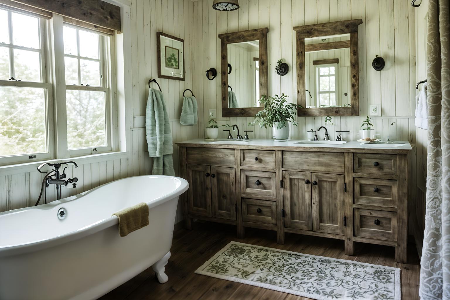 cottagecore-style (hotel bathroom interior) with bath towel and plant and toilet seat and shower and bathroom cabinet and bathtub and bath rail and mirror. . with traditional and cottage style and rustic and country style and floral patterns and organic and earthy and muted colors. . cinematic photo, highly detailed, cinematic lighting, ultra-detailed, ultrarealistic, photorealism, 8k. cottagecore interior design style. masterpiece, cinematic light, ultrarealistic+, photorealistic+, 8k, raw photo, realistic, sharp focus on eyes, (symmetrical eyes), (intact eyes), hyperrealistic, highest quality, best quality, , highly detailed, masterpiece, best quality, extremely detailed 8k wallpaper, masterpiece, best quality, ultra-detailed, best shadow, detailed background, detailed face, detailed eyes, high contrast, best illumination, detailed face, dulux, caustic, dynamic angle, detailed glow. dramatic lighting. highly detailed, insanely detailed hair, symmetrical, intricate details, professionally retouched, 8k high definition. strong bokeh. award winning photo.