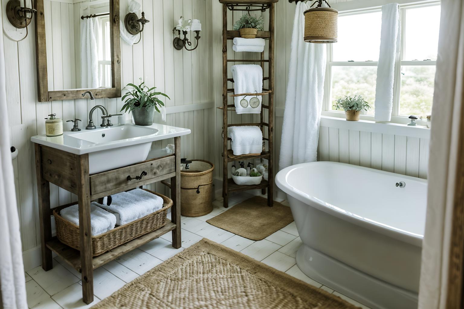 cottagecore-style (hotel bathroom interior) with bath towel and plant and toilet seat and shower and bathroom cabinet and bathtub and bath rail and mirror. . with traditional and cottage style and rustic and country style and floral patterns and organic and earthy and muted colors. . cinematic photo, highly detailed, cinematic lighting, ultra-detailed, ultrarealistic, photorealism, 8k. cottagecore interior design style. masterpiece, cinematic light, ultrarealistic+, photorealistic+, 8k, raw photo, realistic, sharp focus on eyes, (symmetrical eyes), (intact eyes), hyperrealistic, highest quality, best quality, , highly detailed, masterpiece, best quality, extremely detailed 8k wallpaper, masterpiece, best quality, ultra-detailed, best shadow, detailed background, detailed face, detailed eyes, high contrast, best illumination, detailed face, dulux, caustic, dynamic angle, detailed glow. dramatic lighting. highly detailed, insanely detailed hair, symmetrical, intricate details, professionally retouched, 8k high definition. strong bokeh. award winning photo.