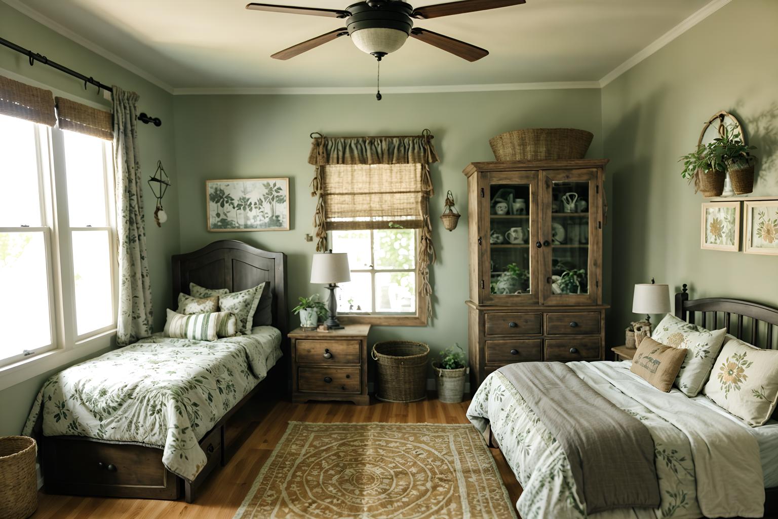 cottagecore-style (kids room interior) with plant and dresser closet and bedside table or night stand and night light and bed and accent chair and mirror and storage bench or ottoman. . with muted colors and natural and floral patterns and organic and rustic and earthy and country style and traditional. . cinematic photo, highly detailed, cinematic lighting, ultra-detailed, ultrarealistic, photorealism, 8k. cottagecore interior design style. masterpiece, cinematic light, ultrarealistic+, photorealistic+, 8k, raw photo, realistic, sharp focus on eyes, (symmetrical eyes), (intact eyes), hyperrealistic, highest quality, best quality, , highly detailed, masterpiece, best quality, extremely detailed 8k wallpaper, masterpiece, best quality, ultra-detailed, best shadow, detailed background, detailed face, detailed eyes, high contrast, best illumination, detailed face, dulux, caustic, dynamic angle, detailed glow. dramatic lighting. highly detailed, insanely detailed hair, symmetrical, intricate details, professionally retouched, 8k high definition. strong bokeh. award winning photo.