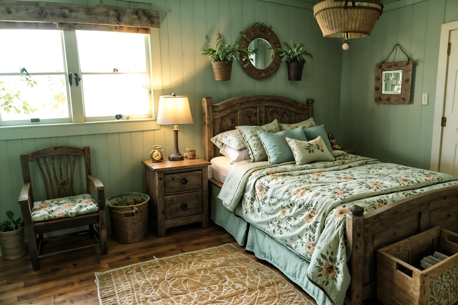 cottagecore-style (kids room interior) with plant and dresser closet and bedside table or night stand and night light and bed and accent chair and mirror and storage bench or ottoman. . with muted colors and natural and floral patterns and organic and rustic and earthy and country style and traditional. . cinematic photo, highly detailed, cinematic lighting, ultra-detailed, ultrarealistic, photorealism, 8k. cottagecore interior design style. masterpiece, cinematic light, ultrarealistic+, photorealistic+, 8k, raw photo, realistic, sharp focus on eyes, (symmetrical eyes), (intact eyes), hyperrealistic, highest quality, best quality, , highly detailed, masterpiece, best quality, extremely detailed 8k wallpaper, masterpiece, best quality, ultra-detailed, best shadow, detailed background, detailed face, detailed eyes, high contrast, best illumination, detailed face, dulux, caustic, dynamic angle, detailed glow. dramatic lighting. highly detailed, insanely detailed hair, symmetrical, intricate details, professionally retouched, 8k high definition. strong bokeh. award winning photo.