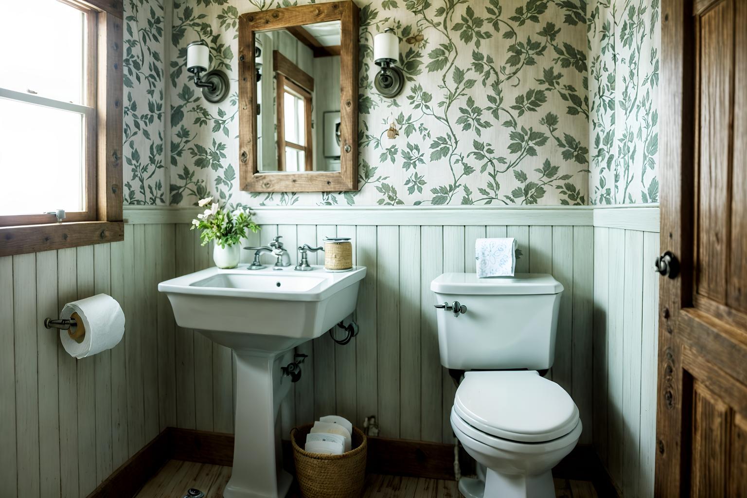 cottagecore-style (toilet interior) with sink with tap and toilet paper hanger and toilet with toilet seat up and sink with tap. . with floral patterns and rustic and earthy and muted colors and organic and natural and cottage style and traditional. . cinematic photo, highly detailed, cinematic lighting, ultra-detailed, ultrarealistic, photorealism, 8k. cottagecore interior design style. masterpiece, cinematic light, ultrarealistic+, photorealistic+, 8k, raw photo, realistic, sharp focus on eyes, (symmetrical eyes), (intact eyes), hyperrealistic, highest quality, best quality, , highly detailed, masterpiece, best quality, extremely detailed 8k wallpaper, masterpiece, best quality, ultra-detailed, best shadow, detailed background, detailed face, detailed eyes, high contrast, best illumination, detailed face, dulux, caustic, dynamic angle, detailed glow. dramatic lighting. highly detailed, insanely detailed hair, symmetrical, intricate details, professionally retouched, 8k high definition. strong bokeh. award winning photo.