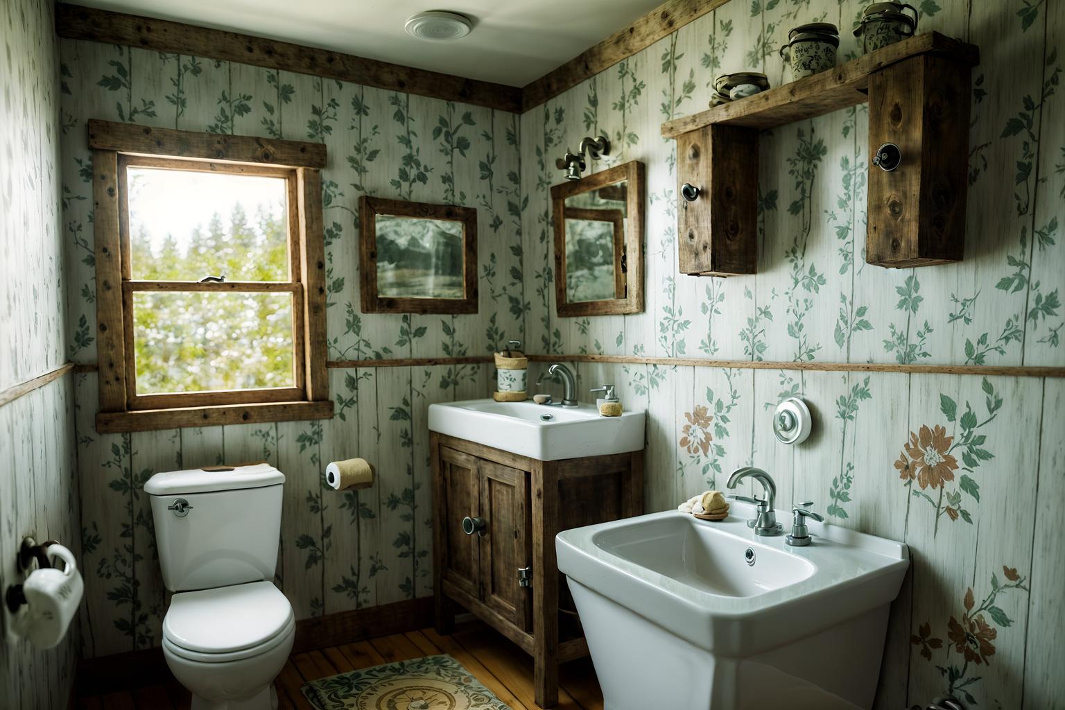 cottagecore-style (toilet interior) with sink with tap and toilet paper hanger and toilet with toilet seat up and sink with tap. . with floral patterns and rustic and earthy and muted colors and organic and natural and cottage style and traditional. . cinematic photo, highly detailed, cinematic lighting, ultra-detailed, ultrarealistic, photorealism, 8k. cottagecore interior design style. masterpiece, cinematic light, ultrarealistic+, photorealistic+, 8k, raw photo, realistic, sharp focus on eyes, (symmetrical eyes), (intact eyes), hyperrealistic, highest quality, best quality, , highly detailed, masterpiece, best quality, extremely detailed 8k wallpaper, masterpiece, best quality, ultra-detailed, best shadow, detailed background, detailed face, detailed eyes, high contrast, best illumination, detailed face, dulux, caustic, dynamic angle, detailed glow. dramatic lighting. highly detailed, insanely detailed hair, symmetrical, intricate details, professionally retouched, 8k high definition. strong bokeh. award winning photo.