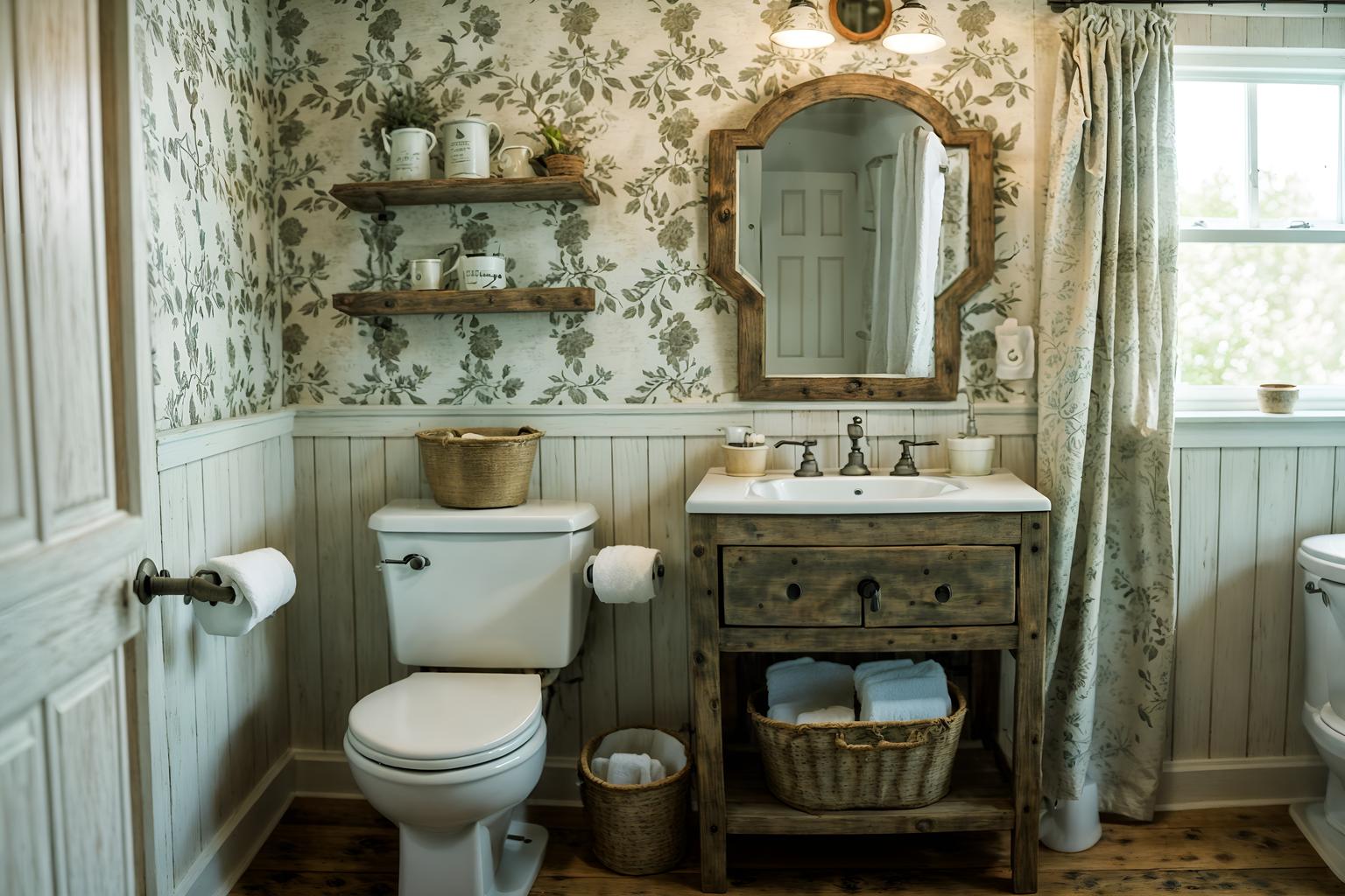 cottagecore-style (toilet interior) with sink with tap and toilet paper hanger and toilet with toilet seat up and sink with tap. . with floral patterns and rustic and earthy and muted colors and organic and natural and cottage style and traditional. . cinematic photo, highly detailed, cinematic lighting, ultra-detailed, ultrarealistic, photorealism, 8k. cottagecore interior design style. masterpiece, cinematic light, ultrarealistic+, photorealistic+, 8k, raw photo, realistic, sharp focus on eyes, (symmetrical eyes), (intact eyes), hyperrealistic, highest quality, best quality, , highly detailed, masterpiece, best quality, extremely detailed 8k wallpaper, masterpiece, best quality, ultra-detailed, best shadow, detailed background, detailed face, detailed eyes, high contrast, best illumination, detailed face, dulux, caustic, dynamic angle, detailed glow. dramatic lighting. highly detailed, insanely detailed hair, symmetrical, intricate details, professionally retouched, 8k high definition. strong bokeh. award winning photo.