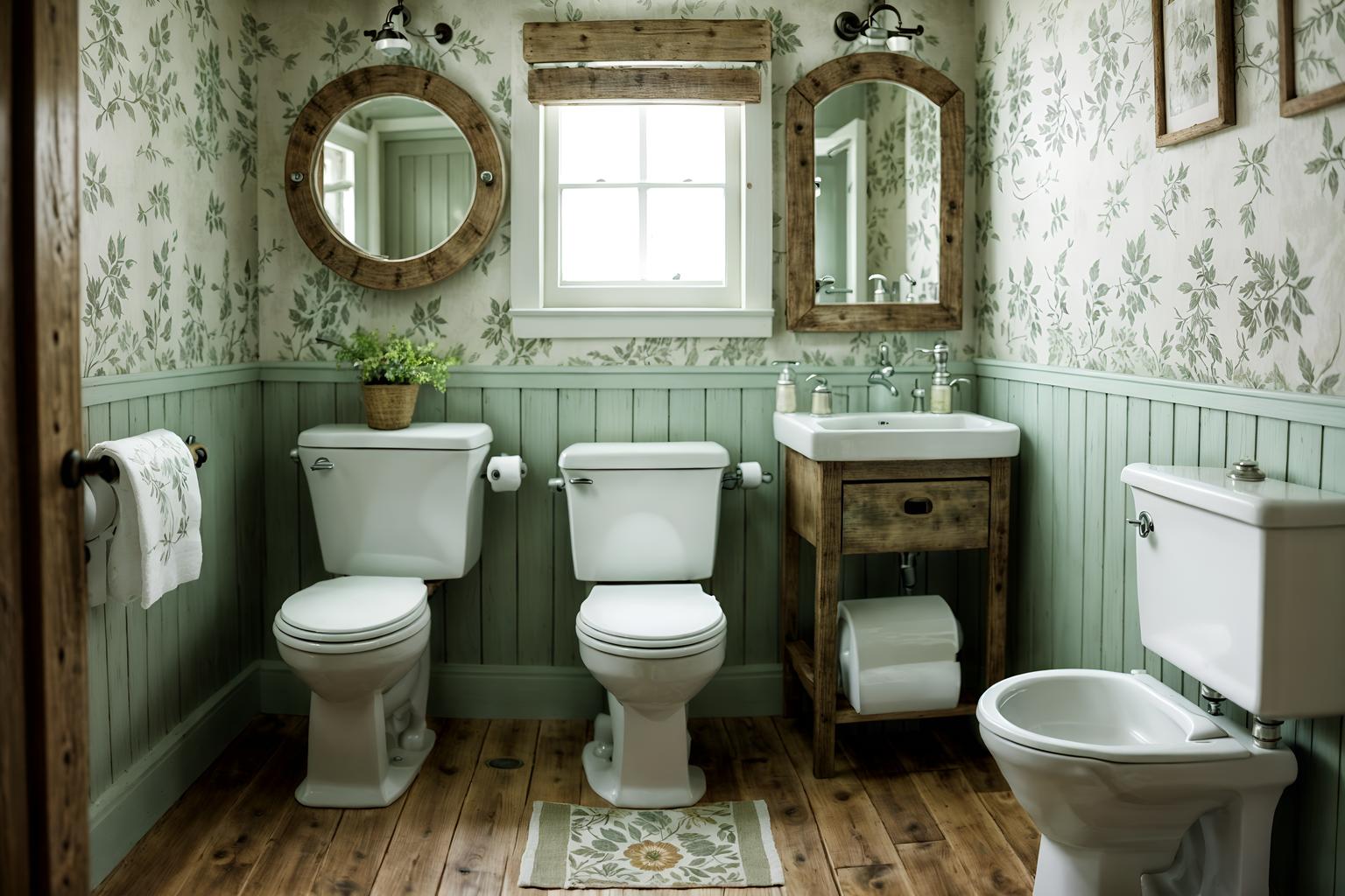 cottagecore-style (toilet interior) with sink with tap and toilet paper hanger and toilet with toilet seat up and sink with tap. . with floral patterns and rustic and earthy and muted colors and organic and natural and cottage style and traditional. . cinematic photo, highly detailed, cinematic lighting, ultra-detailed, ultrarealistic, photorealism, 8k. cottagecore interior design style. masterpiece, cinematic light, ultrarealistic+, photorealistic+, 8k, raw photo, realistic, sharp focus on eyes, (symmetrical eyes), (intact eyes), hyperrealistic, highest quality, best quality, , highly detailed, masterpiece, best quality, extremely detailed 8k wallpaper, masterpiece, best quality, ultra-detailed, best shadow, detailed background, detailed face, detailed eyes, high contrast, best illumination, detailed face, dulux, caustic, dynamic angle, detailed glow. dramatic lighting. highly detailed, insanely detailed hair, symmetrical, intricate details, professionally retouched, 8k high definition. strong bokeh. award winning photo.