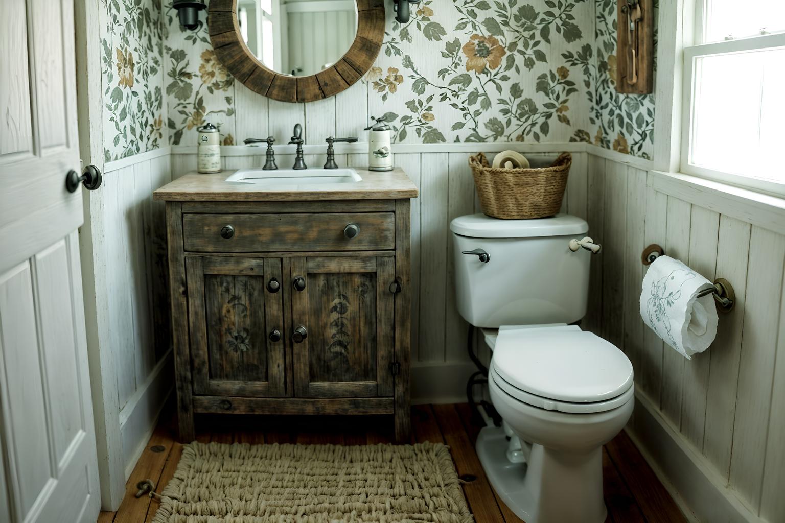 cottagecore-style (toilet interior) with sink with tap and toilet paper hanger and toilet with toilet seat up and sink with tap. . with floral patterns and rustic and earthy and muted colors and organic and natural and cottage style and traditional. . cinematic photo, highly detailed, cinematic lighting, ultra-detailed, ultrarealistic, photorealism, 8k. cottagecore interior design style. masterpiece, cinematic light, ultrarealistic+, photorealistic+, 8k, raw photo, realistic, sharp focus on eyes, (symmetrical eyes), (intact eyes), hyperrealistic, highest quality, best quality, , highly detailed, masterpiece, best quality, extremely detailed 8k wallpaper, masterpiece, best quality, ultra-detailed, best shadow, detailed background, detailed face, detailed eyes, high contrast, best illumination, detailed face, dulux, caustic, dynamic angle, detailed glow. dramatic lighting. highly detailed, insanely detailed hair, symmetrical, intricate details, professionally retouched, 8k high definition. strong bokeh. award winning photo.