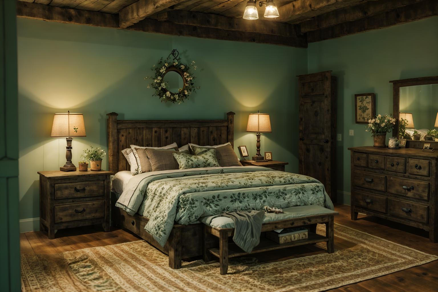 cottagecore-style (bedroom interior) with bedside table or night stand and dresser closet and night light and headboard and plant and mirror and bed and storage bench or ottoman. . with earthy and organic and natural and country style and cottage style and rustic and floral patterns and traditional. . cinematic photo, highly detailed, cinematic lighting, ultra-detailed, ultrarealistic, photorealism, 8k. cottagecore interior design style. masterpiece, cinematic light, ultrarealistic+, photorealistic+, 8k, raw photo, realistic, sharp focus on eyes, (symmetrical eyes), (intact eyes), hyperrealistic, highest quality, best quality, , highly detailed, masterpiece, best quality, extremely detailed 8k wallpaper, masterpiece, best quality, ultra-detailed, best shadow, detailed background, detailed face, detailed eyes, high contrast, best illumination, detailed face, dulux, caustic, dynamic angle, detailed glow. dramatic lighting. highly detailed, insanely detailed hair, symmetrical, intricate details, professionally retouched, 8k high definition. strong bokeh. award winning photo.