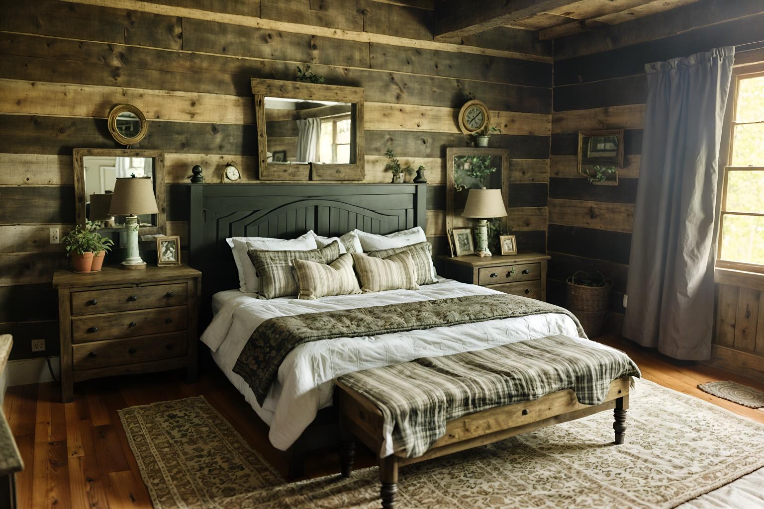 cottagecore-style (bedroom interior) with bedside table or night stand and dresser closet and night light and headboard and plant and mirror and bed and storage bench or ottoman. . with earthy and organic and natural and country style and cottage style and rustic and floral patterns and traditional. . cinematic photo, highly detailed, cinematic lighting, ultra-detailed, ultrarealistic, photorealism, 8k. cottagecore interior design style. masterpiece, cinematic light, ultrarealistic+, photorealistic+, 8k, raw photo, realistic, sharp focus on eyes, (symmetrical eyes), (intact eyes), hyperrealistic, highest quality, best quality, , highly detailed, masterpiece, best quality, extremely detailed 8k wallpaper, masterpiece, best quality, ultra-detailed, best shadow, detailed background, detailed face, detailed eyes, high contrast, best illumination, detailed face, dulux, caustic, dynamic angle, detailed glow. dramatic lighting. highly detailed, insanely detailed hair, symmetrical, intricate details, professionally retouched, 8k high definition. strong bokeh. award winning photo.