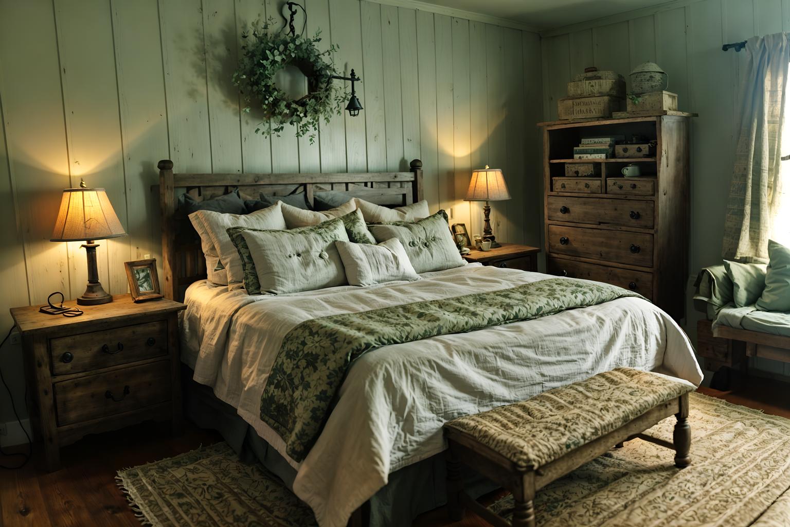 cottagecore-style (bedroom interior) with bedside table or night stand and dresser closet and night light and headboard and plant and mirror and bed and storage bench or ottoman. . with earthy and organic and natural and country style and cottage style and rustic and floral patterns and traditional. . cinematic photo, highly detailed, cinematic lighting, ultra-detailed, ultrarealistic, photorealism, 8k. cottagecore interior design style. masterpiece, cinematic light, ultrarealistic+, photorealistic+, 8k, raw photo, realistic, sharp focus on eyes, (symmetrical eyes), (intact eyes), hyperrealistic, highest quality, best quality, , highly detailed, masterpiece, best quality, extremely detailed 8k wallpaper, masterpiece, best quality, ultra-detailed, best shadow, detailed background, detailed face, detailed eyes, high contrast, best illumination, detailed face, dulux, caustic, dynamic angle, detailed glow. dramatic lighting. highly detailed, insanely detailed hair, symmetrical, intricate details, professionally retouched, 8k high definition. strong bokeh. award winning photo.