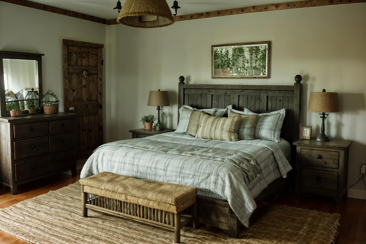 cottagecore-style (bedroom interior) with bedside table or night stand and dresser closet and night light and headboard and plant and mirror and bed and storage bench or ottoman. . with earthy and organic and natural and country style and cottage style and rustic and floral patterns and traditional. . cinematic photo, highly detailed, cinematic lighting, ultra-detailed, ultrarealistic, photorealism, 8k. cottagecore interior design style. masterpiece, cinematic light, ultrarealistic+, photorealistic+, 8k, raw photo, realistic, sharp focus on eyes, (symmetrical eyes), (intact eyes), hyperrealistic, highest quality, best quality, , highly detailed, masterpiece, best quality, extremely detailed 8k wallpaper, masterpiece, best quality, ultra-detailed, best shadow, detailed background, detailed face, detailed eyes, high contrast, best illumination, detailed face, dulux, caustic, dynamic angle, detailed glow. dramatic lighting. highly detailed, insanely detailed hair, symmetrical, intricate details, professionally retouched, 8k high definition. strong bokeh. award winning photo.