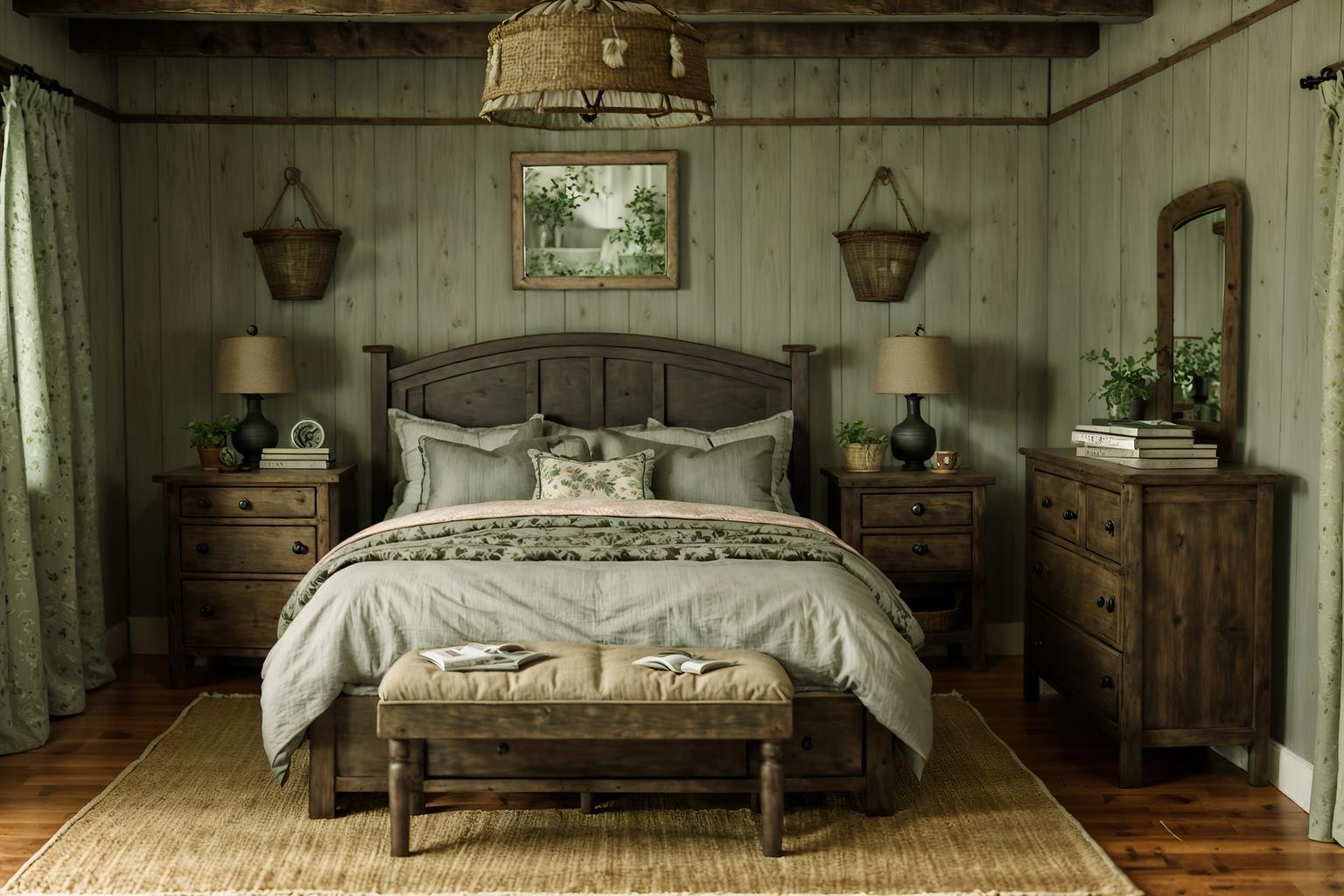 cottagecore-style (bedroom interior) with bedside table or night stand and dresser closet and night light and headboard and plant and mirror and bed and storage bench or ottoman. . with earthy and organic and natural and country style and cottage style and rustic and floral patterns and traditional. . cinematic photo, highly detailed, cinematic lighting, ultra-detailed, ultrarealistic, photorealism, 8k. cottagecore interior design style. masterpiece, cinematic light, ultrarealistic+, photorealistic+, 8k, raw photo, realistic, sharp focus on eyes, (symmetrical eyes), (intact eyes), hyperrealistic, highest quality, best quality, , highly detailed, masterpiece, best quality, extremely detailed 8k wallpaper, masterpiece, best quality, ultra-detailed, best shadow, detailed background, detailed face, detailed eyes, high contrast, best illumination, detailed face, dulux, caustic, dynamic angle, detailed glow. dramatic lighting. highly detailed, insanely detailed hair, symmetrical, intricate details, professionally retouched, 8k high definition. strong bokeh. award winning photo.