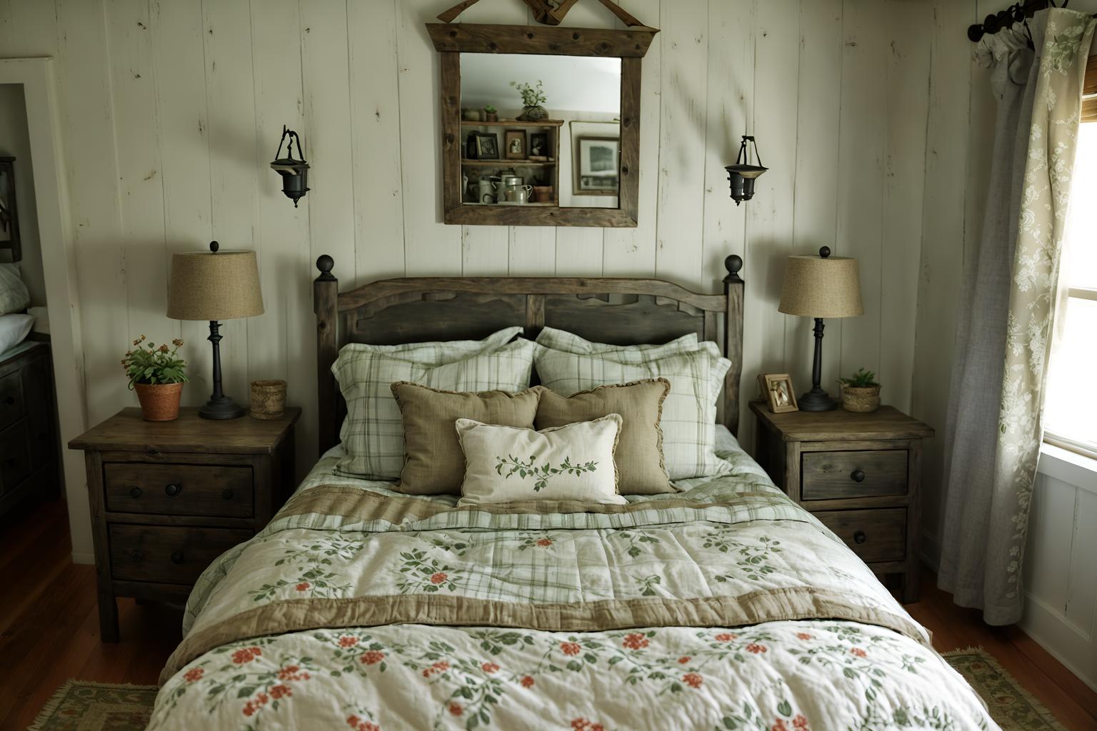 cottagecore-style (bedroom interior) with bedside table or night stand and dresser closet and night light and headboard and plant and mirror and bed and storage bench or ottoman. . with earthy and organic and natural and country style and cottage style and rustic and floral patterns and traditional. . cinematic photo, highly detailed, cinematic lighting, ultra-detailed, ultrarealistic, photorealism, 8k. cottagecore interior design style. masterpiece, cinematic light, ultrarealistic+, photorealistic+, 8k, raw photo, realistic, sharp focus on eyes, (symmetrical eyes), (intact eyes), hyperrealistic, highest quality, best quality, , highly detailed, masterpiece, best quality, extremely detailed 8k wallpaper, masterpiece, best quality, ultra-detailed, best shadow, detailed background, detailed face, detailed eyes, high contrast, best illumination, detailed face, dulux, caustic, dynamic angle, detailed glow. dramatic lighting. highly detailed, insanely detailed hair, symmetrical, intricate details, professionally retouched, 8k high definition. strong bokeh. award winning photo.