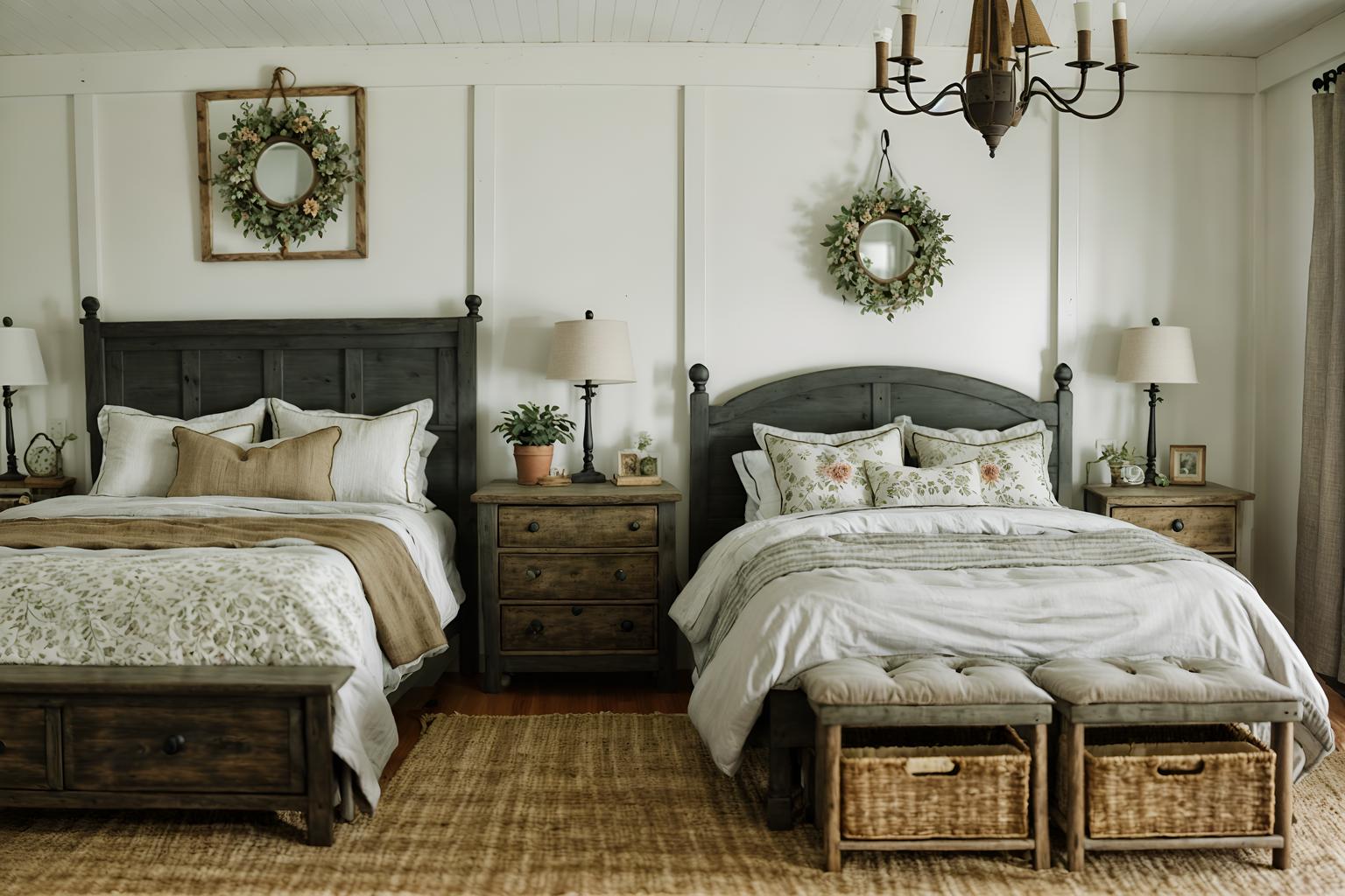 cottagecore-style (bedroom interior) with bedside table or night stand and dresser closet and night light and headboard and plant and mirror and bed and storage bench or ottoman. . with earthy and organic and natural and country style and cottage style and rustic and floral patterns and traditional. . cinematic photo, highly detailed, cinematic lighting, ultra-detailed, ultrarealistic, photorealism, 8k. cottagecore interior design style. masterpiece, cinematic light, ultrarealistic+, photorealistic+, 8k, raw photo, realistic, sharp focus on eyes, (symmetrical eyes), (intact eyes), hyperrealistic, highest quality, best quality, , highly detailed, masterpiece, best quality, extremely detailed 8k wallpaper, masterpiece, best quality, ultra-detailed, best shadow, detailed background, detailed face, detailed eyes, high contrast, best illumination, detailed face, dulux, caustic, dynamic angle, detailed glow. dramatic lighting. highly detailed, insanely detailed hair, symmetrical, intricate details, professionally retouched, 8k high definition. strong bokeh. award winning photo.