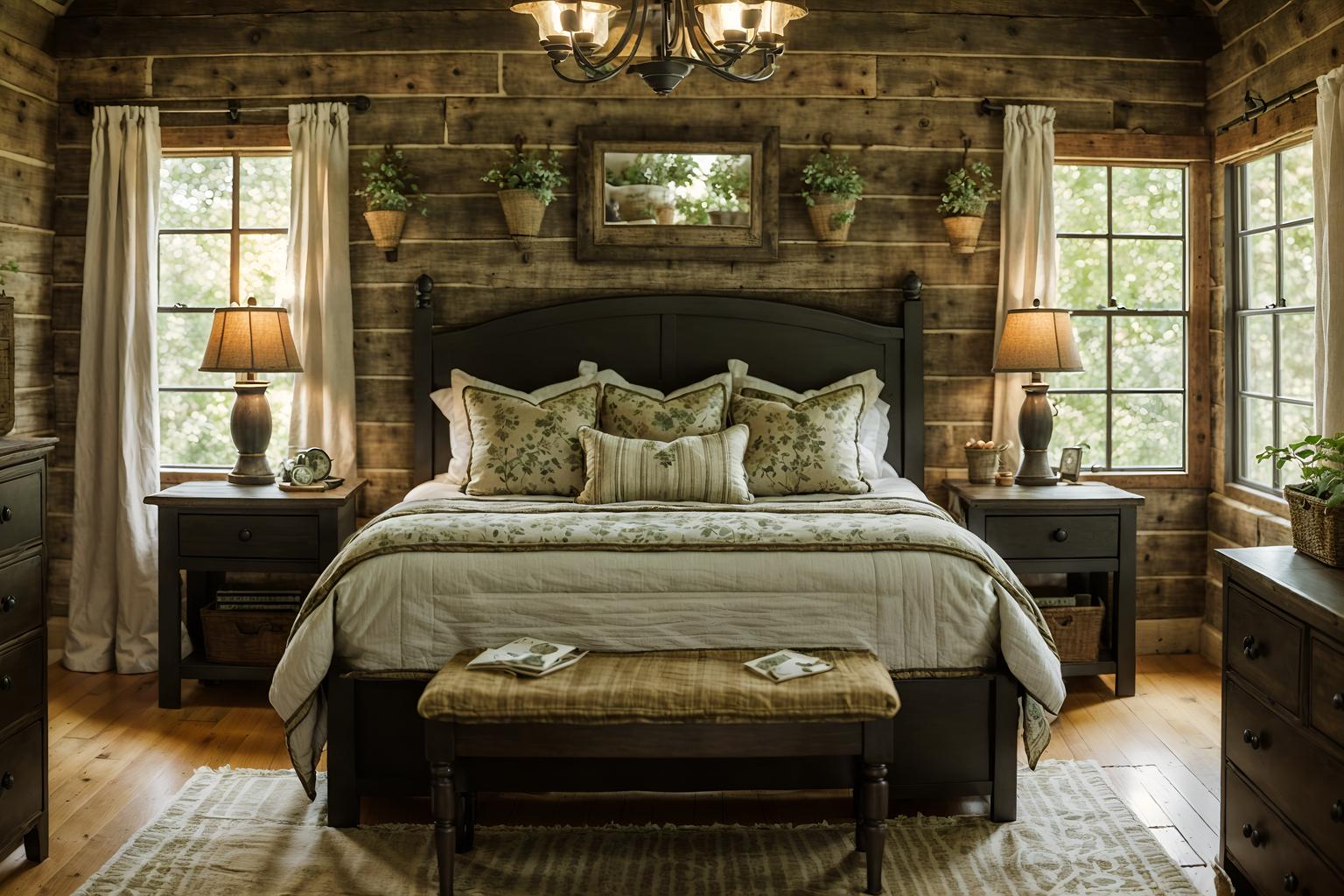 cottagecore-style (bedroom interior) with bedside table or night stand and dresser closet and night light and headboard and plant and mirror and bed and storage bench or ottoman. . with earthy and organic and natural and country style and cottage style and rustic and floral patterns and traditional. . cinematic photo, highly detailed, cinematic lighting, ultra-detailed, ultrarealistic, photorealism, 8k. cottagecore interior design style. masterpiece, cinematic light, ultrarealistic+, photorealistic+, 8k, raw photo, realistic, sharp focus on eyes, (symmetrical eyes), (intact eyes), hyperrealistic, highest quality, best quality, , highly detailed, masterpiece, best quality, extremely detailed 8k wallpaper, masterpiece, best quality, ultra-detailed, best shadow, detailed background, detailed face, detailed eyes, high contrast, best illumination, detailed face, dulux, caustic, dynamic angle, detailed glow. dramatic lighting. highly detailed, insanely detailed hair, symmetrical, intricate details, professionally retouched, 8k high definition. strong bokeh. award winning photo.