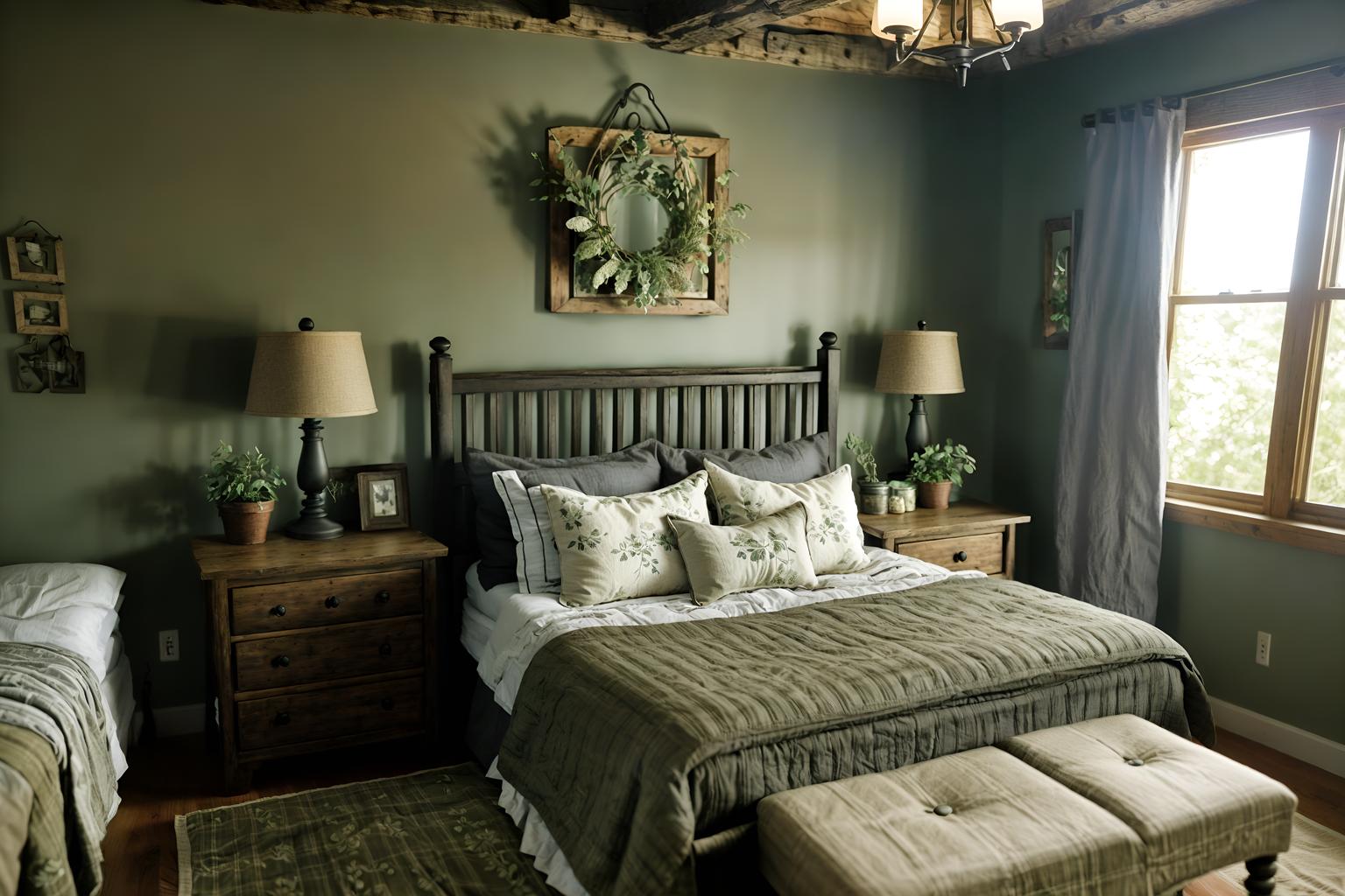 cottagecore-style (bedroom interior) with bedside table or night stand and dresser closet and night light and headboard and plant and mirror and bed and storage bench or ottoman. . with earthy and organic and natural and country style and cottage style and rustic and floral patterns and traditional. . cinematic photo, highly detailed, cinematic lighting, ultra-detailed, ultrarealistic, photorealism, 8k. cottagecore interior design style. masterpiece, cinematic light, ultrarealistic+, photorealistic+, 8k, raw photo, realistic, sharp focus on eyes, (symmetrical eyes), (intact eyes), hyperrealistic, highest quality, best quality, , highly detailed, masterpiece, best quality, extremely detailed 8k wallpaper, masterpiece, best quality, ultra-detailed, best shadow, detailed background, detailed face, detailed eyes, high contrast, best illumination, detailed face, dulux, caustic, dynamic angle, detailed glow. dramatic lighting. highly detailed, insanely detailed hair, symmetrical, intricate details, professionally retouched, 8k high definition. strong bokeh. award winning photo.