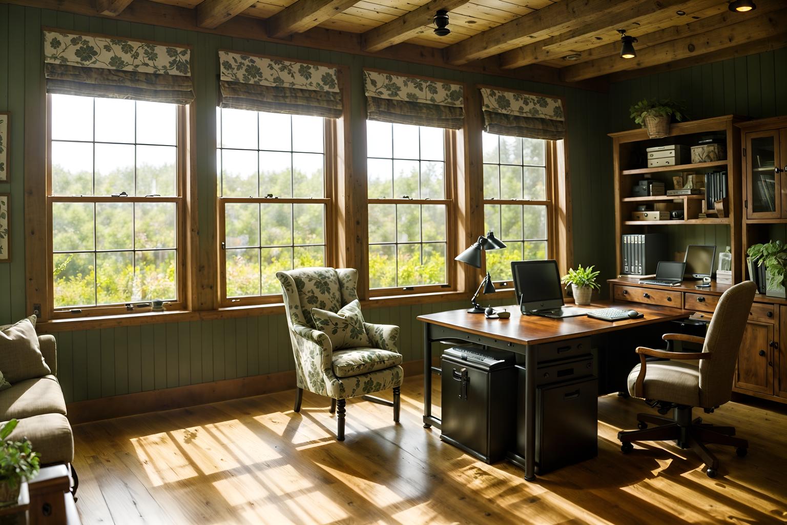 cottagecore-style (office interior) with computer desks and seating area with sofa and desk lamps and office desks and plants and windows and cabinets and lounge chairs. . with cottage style and floral patterns and organic and country style and traditional and earthy and muted colors and natural. . cinematic photo, highly detailed, cinematic lighting, ultra-detailed, ultrarealistic, photorealism, 8k. cottagecore interior design style. masterpiece, cinematic light, ultrarealistic+, photorealistic+, 8k, raw photo, realistic, sharp focus on eyes, (symmetrical eyes), (intact eyes), hyperrealistic, highest quality, best quality, , highly detailed, masterpiece, best quality, extremely detailed 8k wallpaper, masterpiece, best quality, ultra-detailed, best shadow, detailed background, detailed face, detailed eyes, high contrast, best illumination, detailed face, dulux, caustic, dynamic angle, detailed glow. dramatic lighting. highly detailed, insanely detailed hair, symmetrical, intricate details, professionally retouched, 8k high definition. strong bokeh. award winning photo.