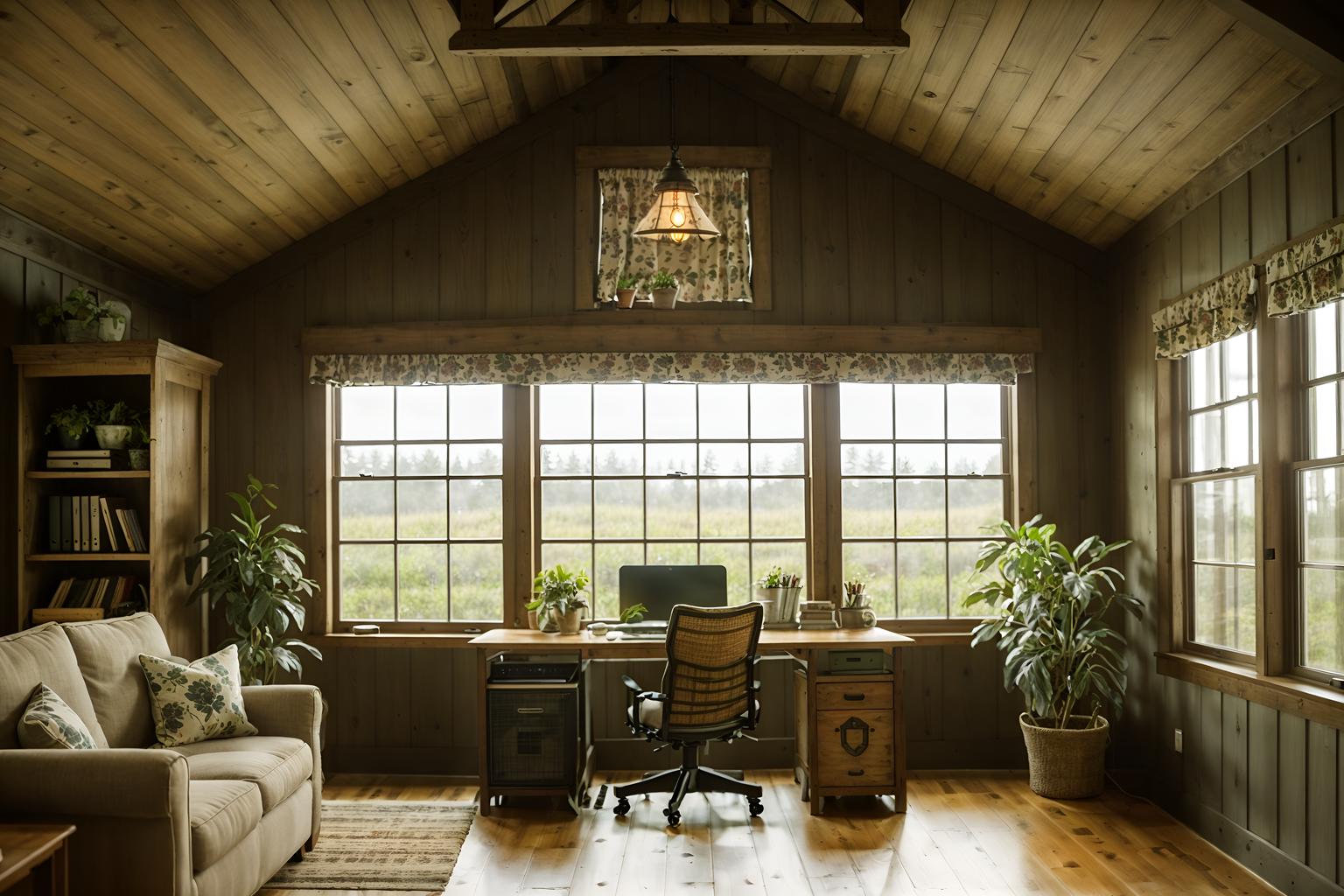 cottagecore-style (office interior) with computer desks and seating area with sofa and desk lamps and office desks and plants and windows and cabinets and lounge chairs. . with cottage style and floral patterns and organic and country style and traditional and earthy and muted colors and natural. . cinematic photo, highly detailed, cinematic lighting, ultra-detailed, ultrarealistic, photorealism, 8k. cottagecore interior design style. masterpiece, cinematic light, ultrarealistic+, photorealistic+, 8k, raw photo, realistic, sharp focus on eyes, (symmetrical eyes), (intact eyes), hyperrealistic, highest quality, best quality, , highly detailed, masterpiece, best quality, extremely detailed 8k wallpaper, masterpiece, best quality, ultra-detailed, best shadow, detailed background, detailed face, detailed eyes, high contrast, best illumination, detailed face, dulux, caustic, dynamic angle, detailed glow. dramatic lighting. highly detailed, insanely detailed hair, symmetrical, intricate details, professionally retouched, 8k high definition. strong bokeh. award winning photo.