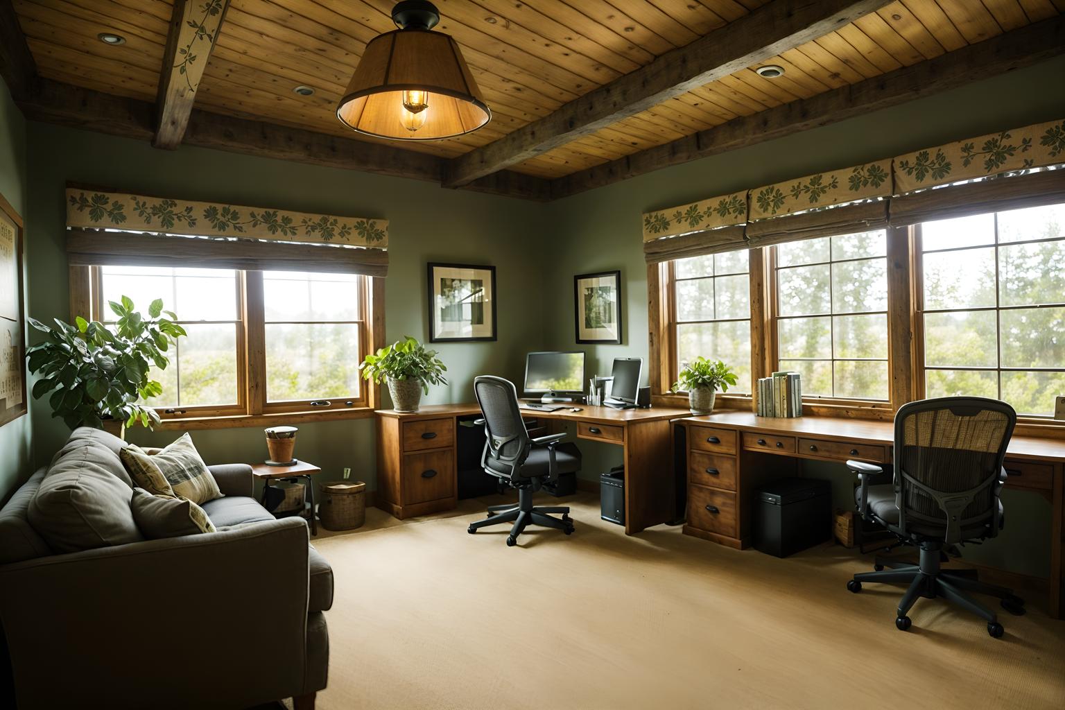 cottagecore-style (office interior) with computer desks and seating area with sofa and desk lamps and office desks and plants and windows and cabinets and lounge chairs. . with cottage style and floral patterns and organic and country style and traditional and earthy and muted colors and natural. . cinematic photo, highly detailed, cinematic lighting, ultra-detailed, ultrarealistic, photorealism, 8k. cottagecore interior design style. masterpiece, cinematic light, ultrarealistic+, photorealistic+, 8k, raw photo, realistic, sharp focus on eyes, (symmetrical eyes), (intact eyes), hyperrealistic, highest quality, best quality, , highly detailed, masterpiece, best quality, extremely detailed 8k wallpaper, masterpiece, best quality, ultra-detailed, best shadow, detailed background, detailed face, detailed eyes, high contrast, best illumination, detailed face, dulux, caustic, dynamic angle, detailed glow. dramatic lighting. highly detailed, insanely detailed hair, symmetrical, intricate details, professionally retouched, 8k high definition. strong bokeh. award winning photo.