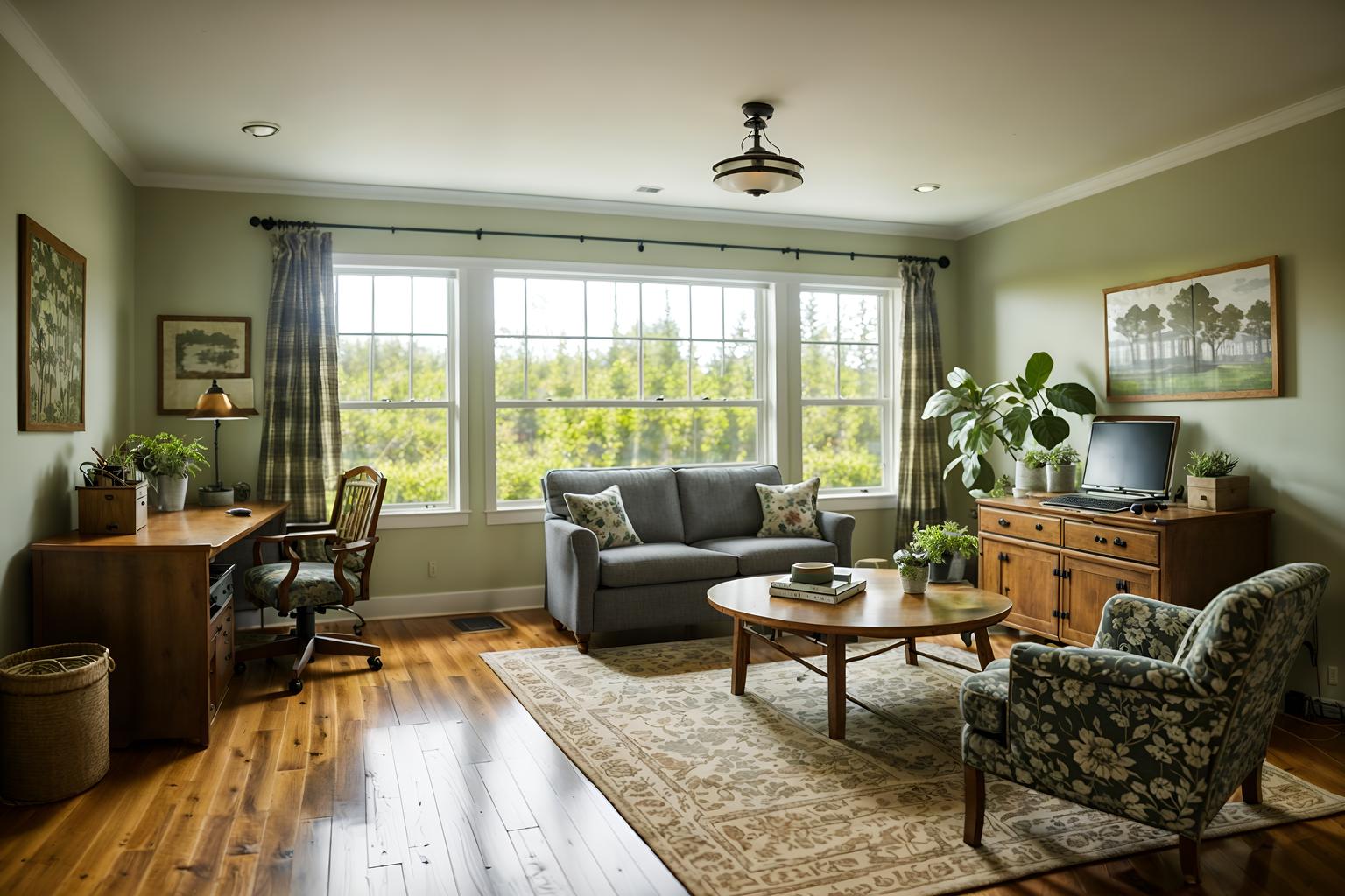 cottagecore-style (office interior) with computer desks and seating area with sofa and desk lamps and office desks and plants and windows and cabinets and lounge chairs. . with cottage style and floral patterns and organic and country style and traditional and earthy and muted colors and natural. . cinematic photo, highly detailed, cinematic lighting, ultra-detailed, ultrarealistic, photorealism, 8k. cottagecore interior design style. masterpiece, cinematic light, ultrarealistic+, photorealistic+, 8k, raw photo, realistic, sharp focus on eyes, (symmetrical eyes), (intact eyes), hyperrealistic, highest quality, best quality, , highly detailed, masterpiece, best quality, extremely detailed 8k wallpaper, masterpiece, best quality, ultra-detailed, best shadow, detailed background, detailed face, detailed eyes, high contrast, best illumination, detailed face, dulux, caustic, dynamic angle, detailed glow. dramatic lighting. highly detailed, insanely detailed hair, symmetrical, intricate details, professionally retouched, 8k high definition. strong bokeh. award winning photo.