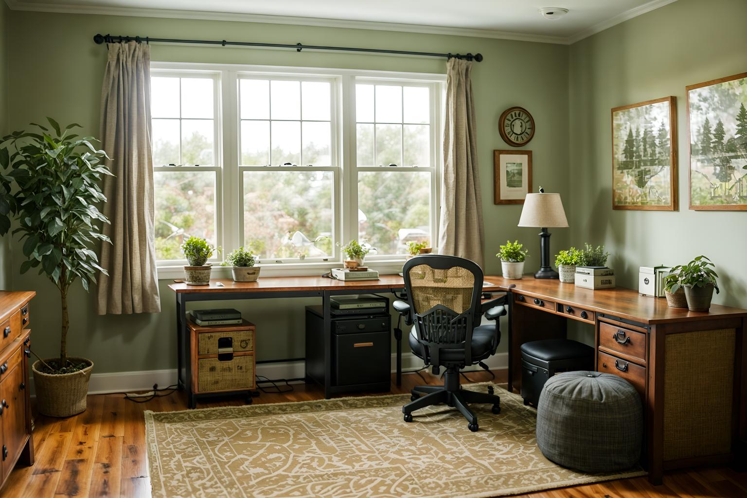 cottagecore-style (office interior) with computer desks and seating area with sofa and desk lamps and office desks and plants and windows and cabinets and lounge chairs. . with cottage style and floral patterns and organic and country style and traditional and earthy and muted colors and natural. . cinematic photo, highly detailed, cinematic lighting, ultra-detailed, ultrarealistic, photorealism, 8k. cottagecore interior design style. masterpiece, cinematic light, ultrarealistic+, photorealistic+, 8k, raw photo, realistic, sharp focus on eyes, (symmetrical eyes), (intact eyes), hyperrealistic, highest quality, best quality, , highly detailed, masterpiece, best quality, extremely detailed 8k wallpaper, masterpiece, best quality, ultra-detailed, best shadow, detailed background, detailed face, detailed eyes, high contrast, best illumination, detailed face, dulux, caustic, dynamic angle, detailed glow. dramatic lighting. highly detailed, insanely detailed hair, symmetrical, intricate details, professionally retouched, 8k high definition. strong bokeh. award winning photo.