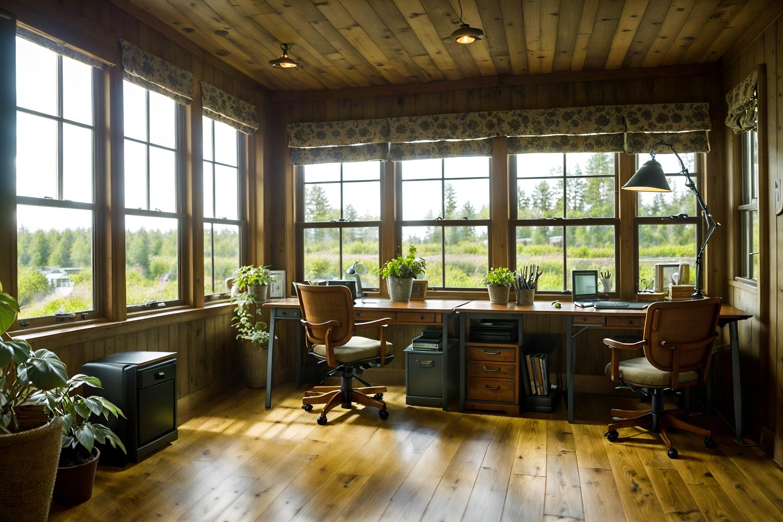 cottagecore-style (office interior) with computer desks and seating area with sofa and desk lamps and office desks and plants and windows and cabinets and lounge chairs. . with cottage style and floral patterns and organic and country style and traditional and earthy and muted colors and natural. . cinematic photo, highly detailed, cinematic lighting, ultra-detailed, ultrarealistic, photorealism, 8k. cottagecore interior design style. masterpiece, cinematic light, ultrarealistic+, photorealistic+, 8k, raw photo, realistic, sharp focus on eyes, (symmetrical eyes), (intact eyes), hyperrealistic, highest quality, best quality, , highly detailed, masterpiece, best quality, extremely detailed 8k wallpaper, masterpiece, best quality, ultra-detailed, best shadow, detailed background, detailed face, detailed eyes, high contrast, best illumination, detailed face, dulux, caustic, dynamic angle, detailed glow. dramatic lighting. highly detailed, insanely detailed hair, symmetrical, intricate details, professionally retouched, 8k high definition. strong bokeh. award winning photo.