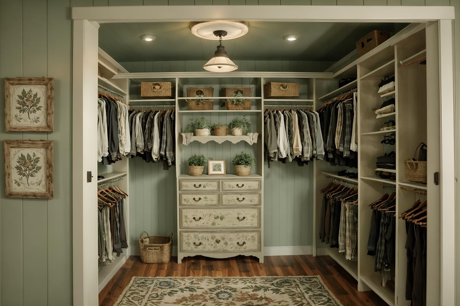 cottagecore-style (walk in closet interior) . with cottage style and country style and muted colors and natural and rustic and organic and earthy and floral patterns. . cinematic photo, highly detailed, cinematic lighting, ultra-detailed, ultrarealistic, photorealism, 8k. cottagecore interior design style. masterpiece, cinematic light, ultrarealistic+, photorealistic+, 8k, raw photo, realistic, sharp focus on eyes, (symmetrical eyes), (intact eyes), hyperrealistic, highest quality, best quality, , highly detailed, masterpiece, best quality, extremely detailed 8k wallpaper, masterpiece, best quality, ultra-detailed, best shadow, detailed background, detailed face, detailed eyes, high contrast, best illumination, detailed face, dulux, caustic, dynamic angle, detailed glow. dramatic lighting. highly detailed, insanely detailed hair, symmetrical, intricate details, professionally retouched, 8k high definition. strong bokeh. award winning photo.