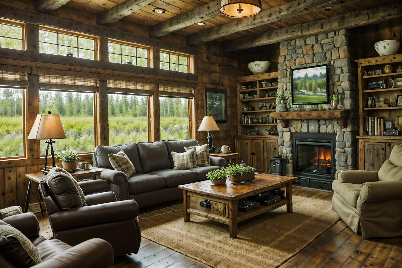 cottagecore-style (living room interior) with televisions and coffee tables and occasional tables and chairs and electric lamps and plant and bookshelves and furniture. . with cottage style and traditional and natural and rustic and earthy and muted colors and country style and organic. . cinematic photo, highly detailed, cinematic lighting, ultra-detailed, ultrarealistic, photorealism, 8k. cottagecore interior design style. masterpiece, cinematic light, ultrarealistic+, photorealistic+, 8k, raw photo, realistic, sharp focus on eyes, (symmetrical eyes), (intact eyes), hyperrealistic, highest quality, best quality, , highly detailed, masterpiece, best quality, extremely detailed 8k wallpaper, masterpiece, best quality, ultra-detailed, best shadow, detailed background, detailed face, detailed eyes, high contrast, best illumination, detailed face, dulux, caustic, dynamic angle, detailed glow. dramatic lighting. highly detailed, insanely detailed hair, symmetrical, intricate details, professionally retouched, 8k high definition. strong bokeh. award winning photo.