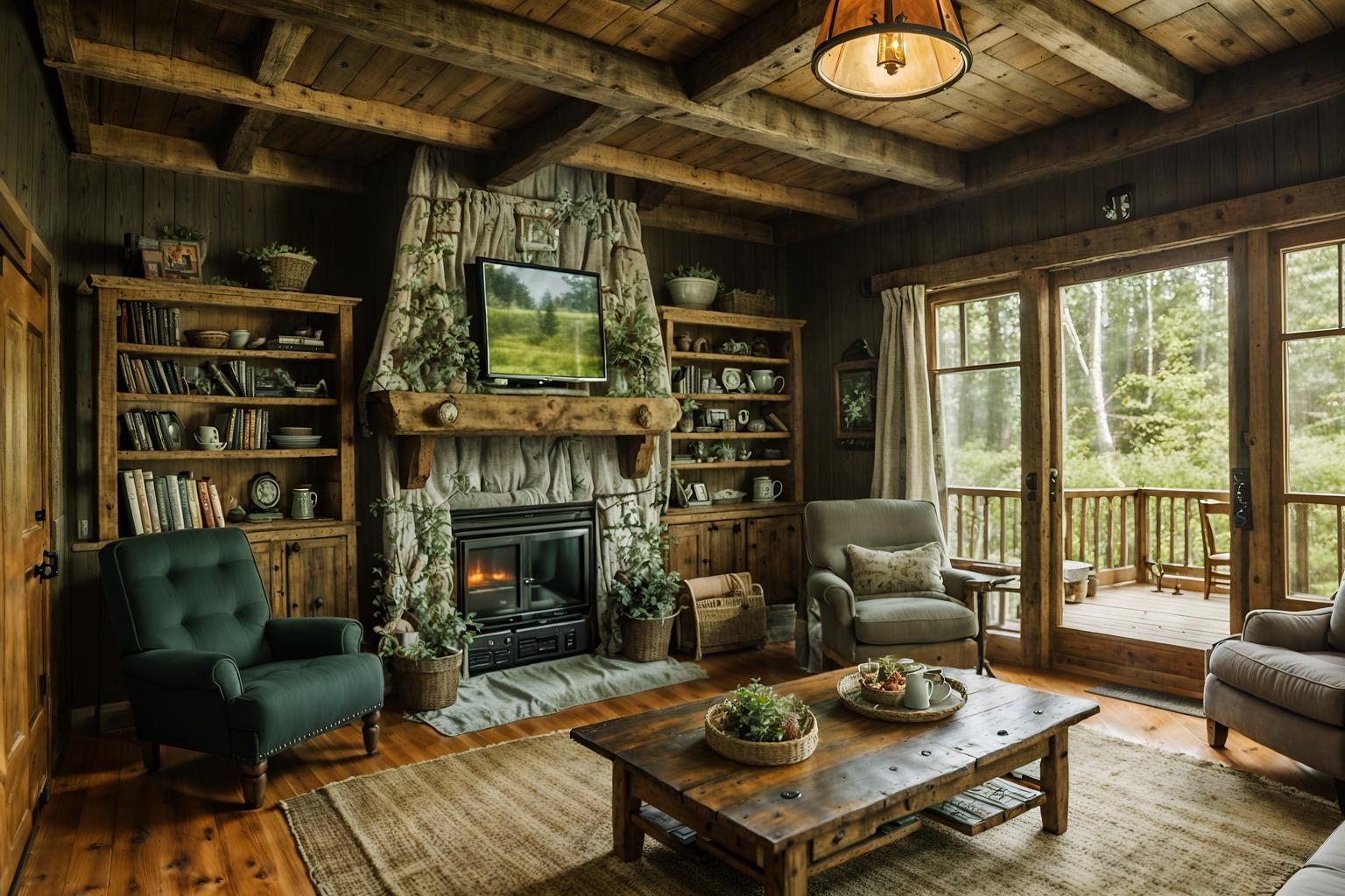 cottagecore-style (living room interior) with televisions and coffee tables and occasional tables and chairs and electric lamps and plant and bookshelves and furniture. . with cottage style and traditional and natural and rustic and earthy and muted colors and country style and organic. . cinematic photo, highly detailed, cinematic lighting, ultra-detailed, ultrarealistic, photorealism, 8k. cottagecore interior design style. masterpiece, cinematic light, ultrarealistic+, photorealistic+, 8k, raw photo, realistic, sharp focus on eyes, (symmetrical eyes), (intact eyes), hyperrealistic, highest quality, best quality, , highly detailed, masterpiece, best quality, extremely detailed 8k wallpaper, masterpiece, best quality, ultra-detailed, best shadow, detailed background, detailed face, detailed eyes, high contrast, best illumination, detailed face, dulux, caustic, dynamic angle, detailed glow. dramatic lighting. highly detailed, insanely detailed hair, symmetrical, intricate details, professionally retouched, 8k high definition. strong bokeh. award winning photo.