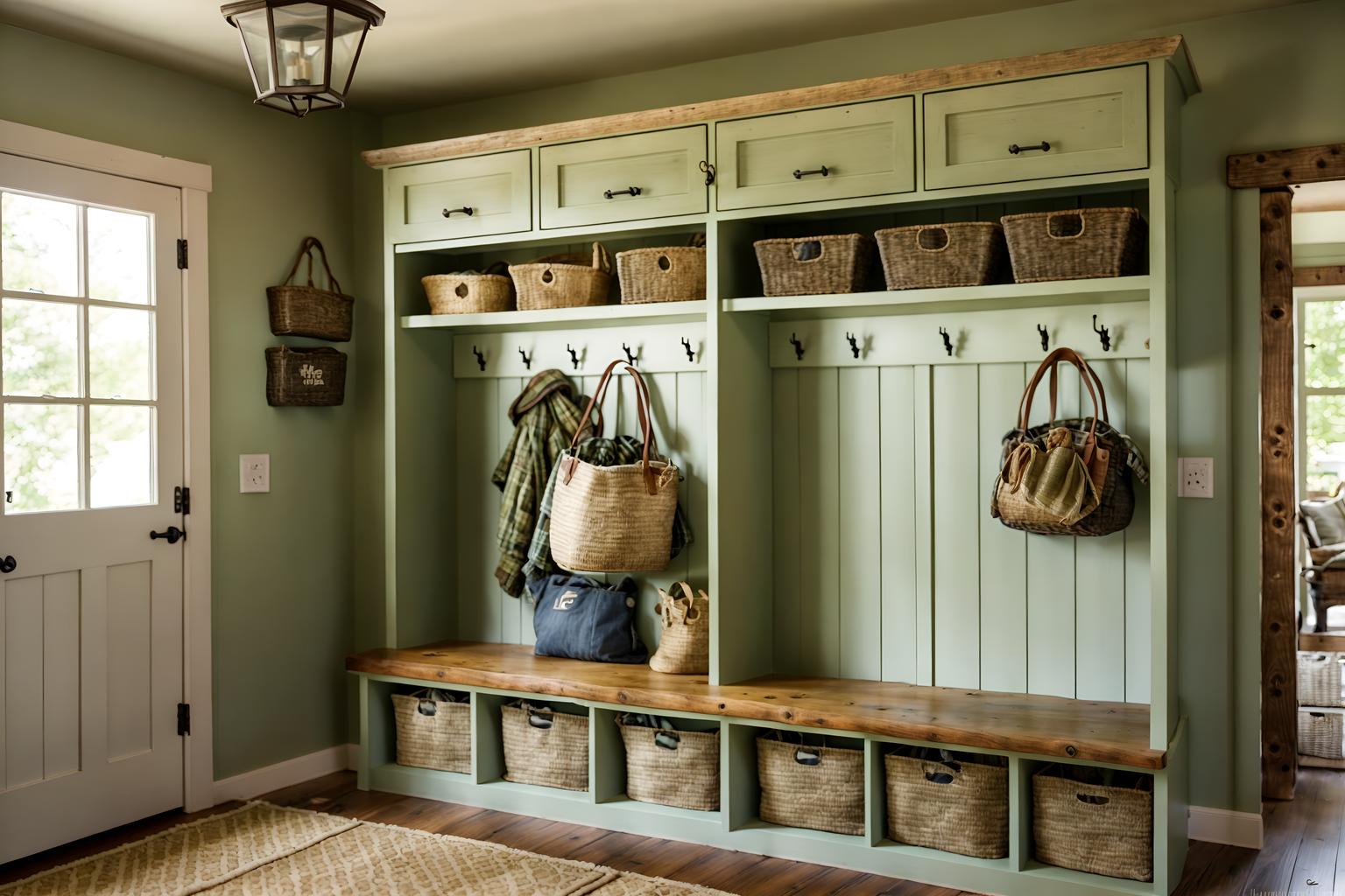 cottagecore-style (mudroom interior) with storage drawers and shelves for shoes and cubbies and cabinets and wall hooks for coats and high up storage and storage baskets and a bench. . with natural and cottage style and muted colors and floral patterns and traditional and organic and rustic and country style. . cinematic photo, highly detailed, cinematic lighting, ultra-detailed, ultrarealistic, photorealism, 8k. cottagecore interior design style. masterpiece, cinematic light, ultrarealistic+, photorealistic+, 8k, raw photo, realistic, sharp focus on eyes, (symmetrical eyes), (intact eyes), hyperrealistic, highest quality, best quality, , highly detailed, masterpiece, best quality, extremely detailed 8k wallpaper, masterpiece, best quality, ultra-detailed, best shadow, detailed background, detailed face, detailed eyes, high contrast, best illumination, detailed face, dulux, caustic, dynamic angle, detailed glow. dramatic lighting. highly detailed, insanely detailed hair, symmetrical, intricate details, professionally retouched, 8k high definition. strong bokeh. award winning photo.