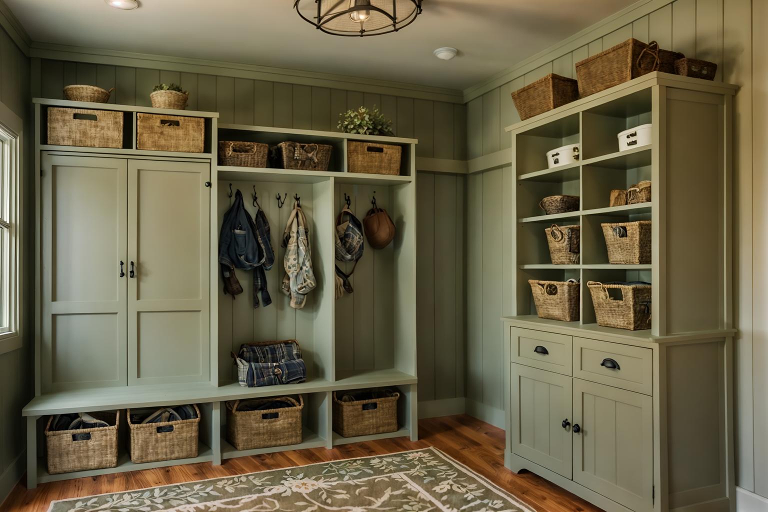 cottagecore-style (mudroom interior) with storage drawers and shelves for shoes and cubbies and cabinets and wall hooks for coats and high up storage and storage baskets and a bench. . with natural and cottage style and muted colors and floral patterns and traditional and organic and rustic and country style. . cinematic photo, highly detailed, cinematic lighting, ultra-detailed, ultrarealistic, photorealism, 8k. cottagecore interior design style. masterpiece, cinematic light, ultrarealistic+, photorealistic+, 8k, raw photo, realistic, sharp focus on eyes, (symmetrical eyes), (intact eyes), hyperrealistic, highest quality, best quality, , highly detailed, masterpiece, best quality, extremely detailed 8k wallpaper, masterpiece, best quality, ultra-detailed, best shadow, detailed background, detailed face, detailed eyes, high contrast, best illumination, detailed face, dulux, caustic, dynamic angle, detailed glow. dramatic lighting. highly detailed, insanely detailed hair, symmetrical, intricate details, professionally retouched, 8k high definition. strong bokeh. award winning photo.