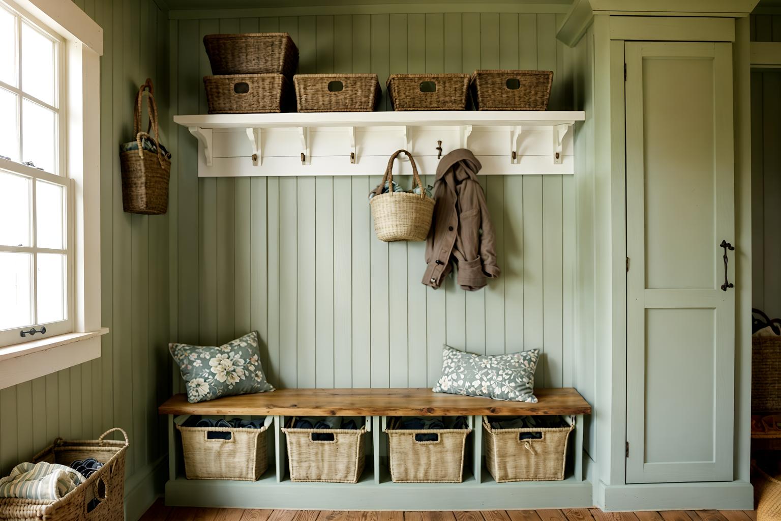 cottagecore-style (mudroom interior) with storage drawers and shelves for shoes and cubbies and cabinets and wall hooks for coats and high up storage and storage baskets and a bench. . with natural and cottage style and muted colors and floral patterns and traditional and organic and rustic and country style. . cinematic photo, highly detailed, cinematic lighting, ultra-detailed, ultrarealistic, photorealism, 8k. cottagecore interior design style. masterpiece, cinematic light, ultrarealistic+, photorealistic+, 8k, raw photo, realistic, sharp focus on eyes, (symmetrical eyes), (intact eyes), hyperrealistic, highest quality, best quality, , highly detailed, masterpiece, best quality, extremely detailed 8k wallpaper, masterpiece, best quality, ultra-detailed, best shadow, detailed background, detailed face, detailed eyes, high contrast, best illumination, detailed face, dulux, caustic, dynamic angle, detailed glow. dramatic lighting. highly detailed, insanely detailed hair, symmetrical, intricate details, professionally retouched, 8k high definition. strong bokeh. award winning photo.