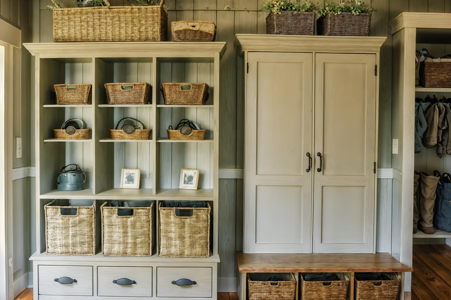 cottagecore-style (mudroom interior) with storage drawers and shelves for shoes and cubbies and cabinets and wall hooks for coats and high up storage and storage baskets and a bench. . with natural and cottage style and muted colors and floral patterns and traditional and organic and rustic and country style. . cinematic photo, highly detailed, cinematic lighting, ultra-detailed, ultrarealistic, photorealism, 8k. cottagecore interior design style. masterpiece, cinematic light, ultrarealistic+, photorealistic+, 8k, raw photo, realistic, sharp focus on eyes, (symmetrical eyes), (intact eyes), hyperrealistic, highest quality, best quality, , highly detailed, masterpiece, best quality, extremely detailed 8k wallpaper, masterpiece, best quality, ultra-detailed, best shadow, detailed background, detailed face, detailed eyes, high contrast, best illumination, detailed face, dulux, caustic, dynamic angle, detailed glow. dramatic lighting. highly detailed, insanely detailed hair, symmetrical, intricate details, professionally retouched, 8k high definition. strong bokeh. award winning photo.