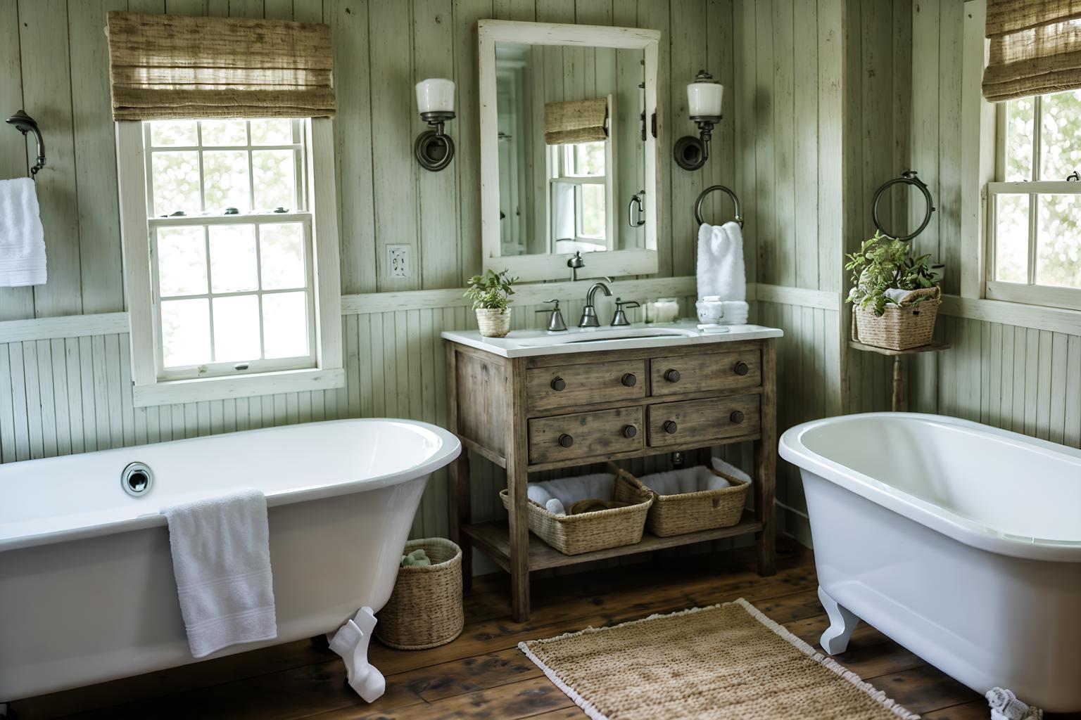 cottagecore-style (bathroom interior) with shower and bath towel and toilet seat and bathtub and bathroom sink with faucet and bathroom cabinet and bath rail and plant. . with earthy and muted colors and cottage style and natural and traditional and floral patterns and rustic and country style. . cinematic photo, highly detailed, cinematic lighting, ultra-detailed, ultrarealistic, photorealism, 8k. cottagecore interior design style. masterpiece, cinematic light, ultrarealistic+, photorealistic+, 8k, raw photo, realistic, sharp focus on eyes, (symmetrical eyes), (intact eyes), hyperrealistic, highest quality, best quality, , highly detailed, masterpiece, best quality, extremely detailed 8k wallpaper, masterpiece, best quality, ultra-detailed, best shadow, detailed background, detailed face, detailed eyes, high contrast, best illumination, detailed face, dulux, caustic, dynamic angle, detailed glow. dramatic lighting. highly detailed, insanely detailed hair, symmetrical, intricate details, professionally retouched, 8k high definition. strong bokeh. award winning photo.
