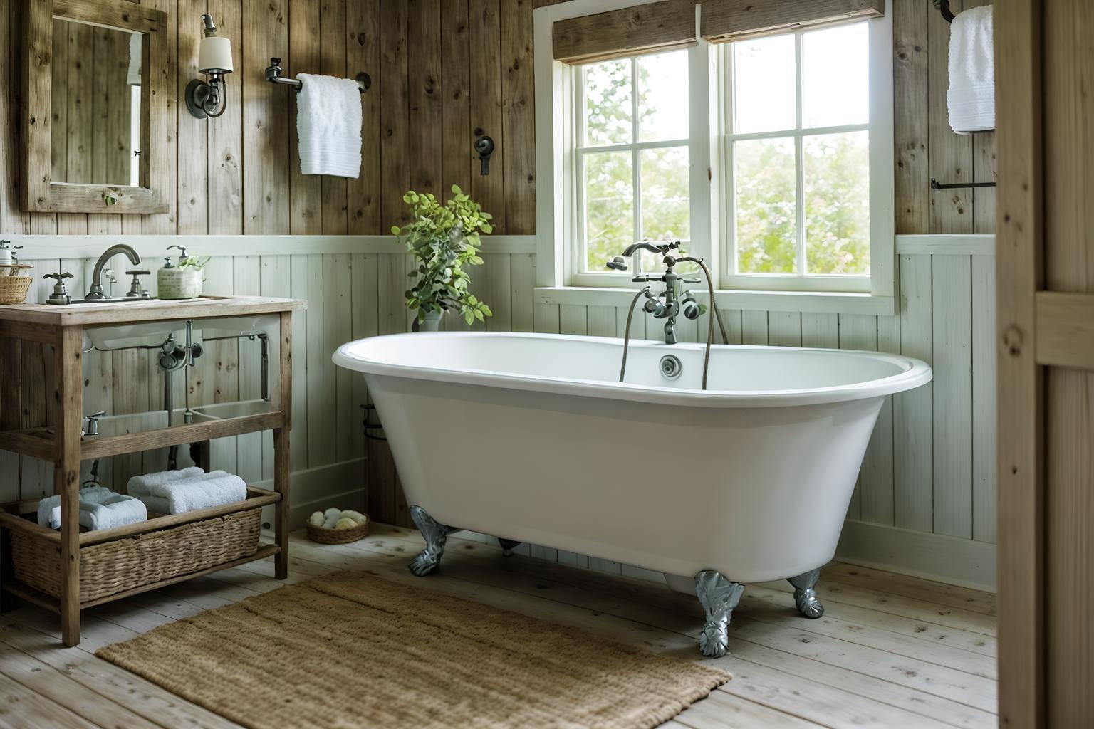 cottagecore-style (bathroom interior) with shower and bath towel and toilet seat and bathtub and bathroom sink with faucet and bathroom cabinet and bath rail and plant. . with earthy and muted colors and cottage style and natural and traditional and floral patterns and rustic and country style. . cinematic photo, highly detailed, cinematic lighting, ultra-detailed, ultrarealistic, photorealism, 8k. cottagecore interior design style. masterpiece, cinematic light, ultrarealistic+, photorealistic+, 8k, raw photo, realistic, sharp focus on eyes, (symmetrical eyes), (intact eyes), hyperrealistic, highest quality, best quality, , highly detailed, masterpiece, best quality, extremely detailed 8k wallpaper, masterpiece, best quality, ultra-detailed, best shadow, detailed background, detailed face, detailed eyes, high contrast, best illumination, detailed face, dulux, caustic, dynamic angle, detailed glow. dramatic lighting. highly detailed, insanely detailed hair, symmetrical, intricate details, professionally retouched, 8k high definition. strong bokeh. award winning photo.