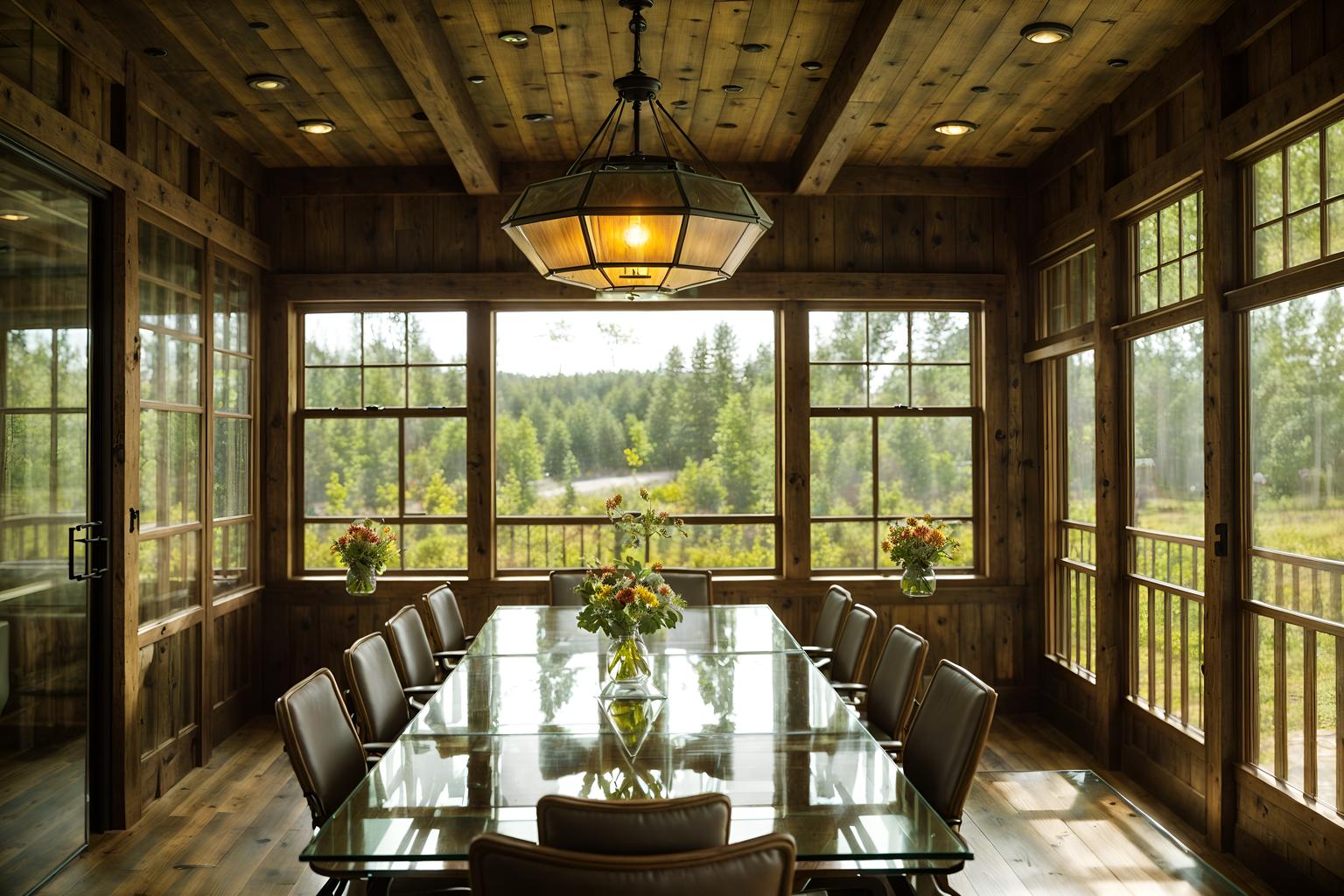 cottagecore-style (meeting room interior) with glass walls and boardroom table and cabinets and vase and glass doors and plant and office chairs and painting or photo on wall. . with earthy and floral patterns and traditional and muted colors and natural and cottage style and country style and rustic. . cinematic photo, highly detailed, cinematic lighting, ultra-detailed, ultrarealistic, photorealism, 8k. cottagecore interior design style. masterpiece, cinematic light, ultrarealistic+, photorealistic+, 8k, raw photo, realistic, sharp focus on eyes, (symmetrical eyes), (intact eyes), hyperrealistic, highest quality, best quality, , highly detailed, masterpiece, best quality, extremely detailed 8k wallpaper, masterpiece, best quality, ultra-detailed, best shadow, detailed background, detailed face, detailed eyes, high contrast, best illumination, detailed face, dulux, caustic, dynamic angle, detailed glow. dramatic lighting. highly detailed, insanely detailed hair, symmetrical, intricate details, professionally retouched, 8k high definition. strong bokeh. award winning photo.