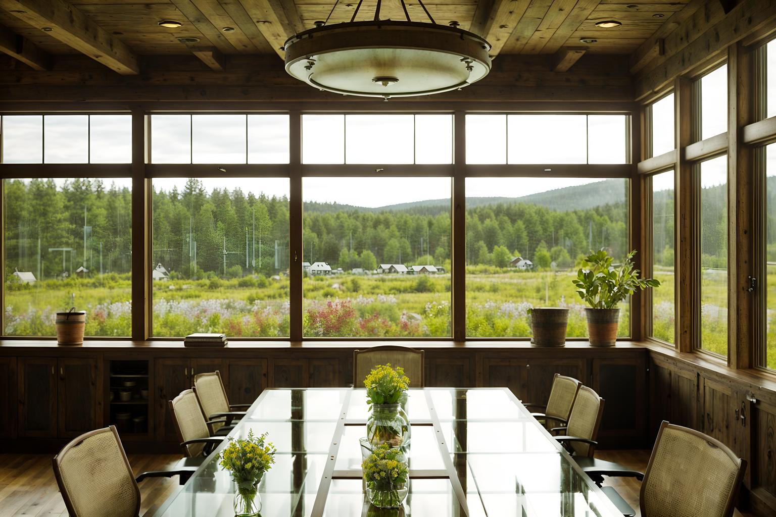 cottagecore-style (meeting room interior) with glass walls and boardroom table and cabinets and vase and glass doors and plant and office chairs and painting or photo on wall. . with earthy and floral patterns and traditional and muted colors and natural and cottage style and country style and rustic. . cinematic photo, highly detailed, cinematic lighting, ultra-detailed, ultrarealistic, photorealism, 8k. cottagecore interior design style. masterpiece, cinematic light, ultrarealistic+, photorealistic+, 8k, raw photo, realistic, sharp focus on eyes, (symmetrical eyes), (intact eyes), hyperrealistic, highest quality, best quality, , highly detailed, masterpiece, best quality, extremely detailed 8k wallpaper, masterpiece, best quality, ultra-detailed, best shadow, detailed background, detailed face, detailed eyes, high contrast, best illumination, detailed face, dulux, caustic, dynamic angle, detailed glow. dramatic lighting. highly detailed, insanely detailed hair, symmetrical, intricate details, professionally retouched, 8k high definition. strong bokeh. award winning photo.