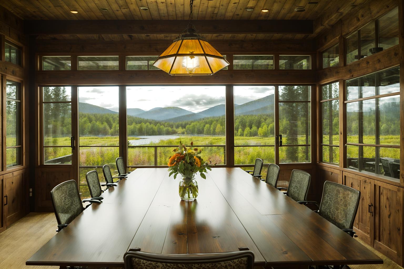 cottagecore-style (meeting room interior) with glass walls and boardroom table and cabinets and vase and glass doors and plant and office chairs and painting or photo on wall. . with earthy and floral patterns and traditional and muted colors and natural and cottage style and country style and rustic. . cinematic photo, highly detailed, cinematic lighting, ultra-detailed, ultrarealistic, photorealism, 8k. cottagecore interior design style. masterpiece, cinematic light, ultrarealistic+, photorealistic+, 8k, raw photo, realistic, sharp focus on eyes, (symmetrical eyes), (intact eyes), hyperrealistic, highest quality, best quality, , highly detailed, masterpiece, best quality, extremely detailed 8k wallpaper, masterpiece, best quality, ultra-detailed, best shadow, detailed background, detailed face, detailed eyes, high contrast, best illumination, detailed face, dulux, caustic, dynamic angle, detailed glow. dramatic lighting. highly detailed, insanely detailed hair, symmetrical, intricate details, professionally retouched, 8k high definition. strong bokeh. award winning photo.